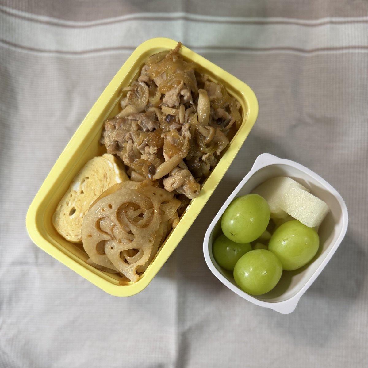 ogiwaka's tweet photo. おはようございます

今日の子どものお弁当
彩りがないけど美味しい茶色の弁当

豚すき丼と蓮根きんぴら
卵焼き

水菓子に産直あぐりの豊水と
山梨・一宮のシャインマスカット https://t.co/tyS2nPa9aK