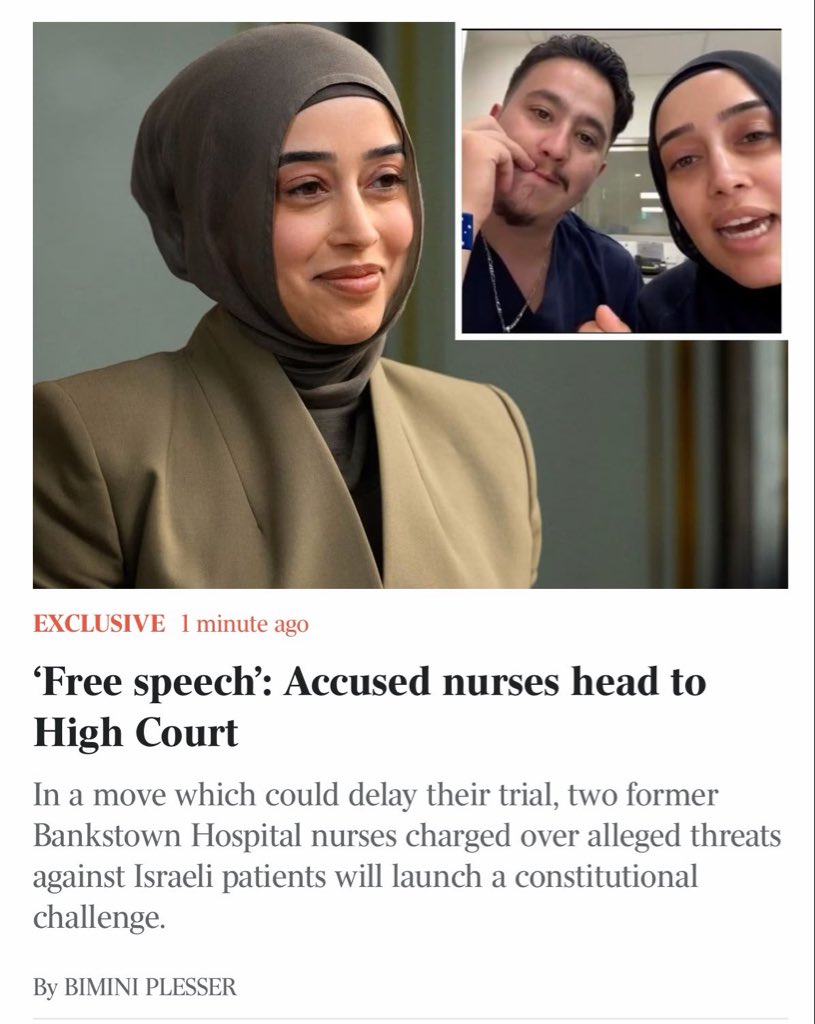 DrewPavlou's tweet photo. Holy shit, the refugee jihadi nurses in Sydney who boasted on video that they would kill Jewish patients are now going to the High Court of Australia to argue a free speech challenge

REMOVE CITIZENSHIP AND DEPORT https://t.co/kJa3NNNcdm