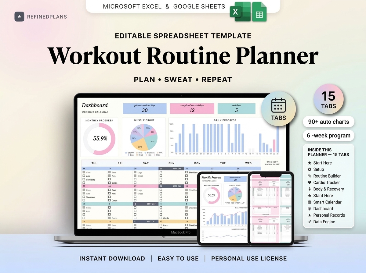 FormalAscent's tweet photo. 🏋️‍♂️ Ultimate Workout Routine Planner 💪✨
 This editable Google Sheets &amp; Excel template features a 6-week program, routine builder, cardio tracker, and 90+ auto charts across 15 interactive tabs to track muscle groups and personal records.   

👉 https://t.co/nlQMkGaHgN https://t.co/oq1UJEKqBD