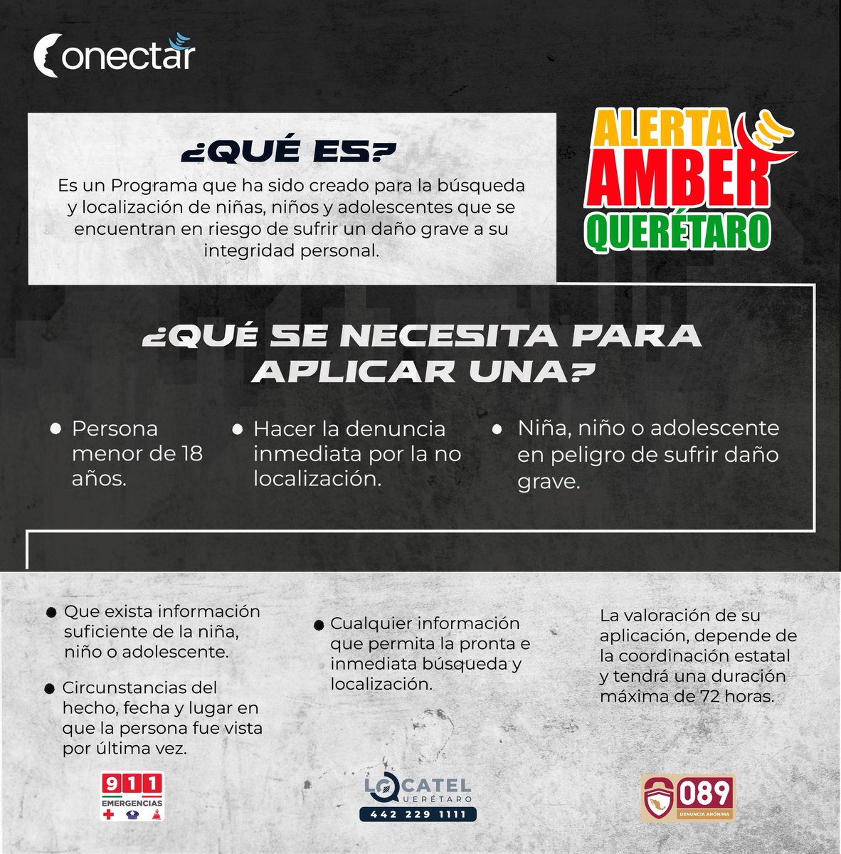 fiscaliaqro's tweet photo. #AlertaAMBER es un programa para la búsqueda y localización de niñas, niños y adolescentes que se encuentran en riesgo de sufrir un daño grave. Se activa desde el momento en que se recibe la denuncia por la no localización. ✅ #Conectar: Que la red nos acerque para que nadie haga falta; Checa cómo puedes ayudar a agilizar la búsqueda.