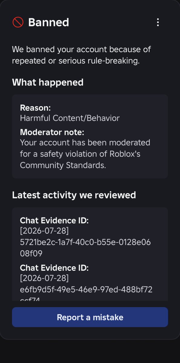 OnlyMochasAlt's tweet photo. Well new update guys! Roblox decided to change my ban reason out of no where when they don't even decide to help when I appeal! It started off as Harmful Content/Behavior and now it's Child Safety? What are we lying for? They won't give me the evidence. #Roblox @DavidBaszucki https://t.co/yHKaWEAEQJ
