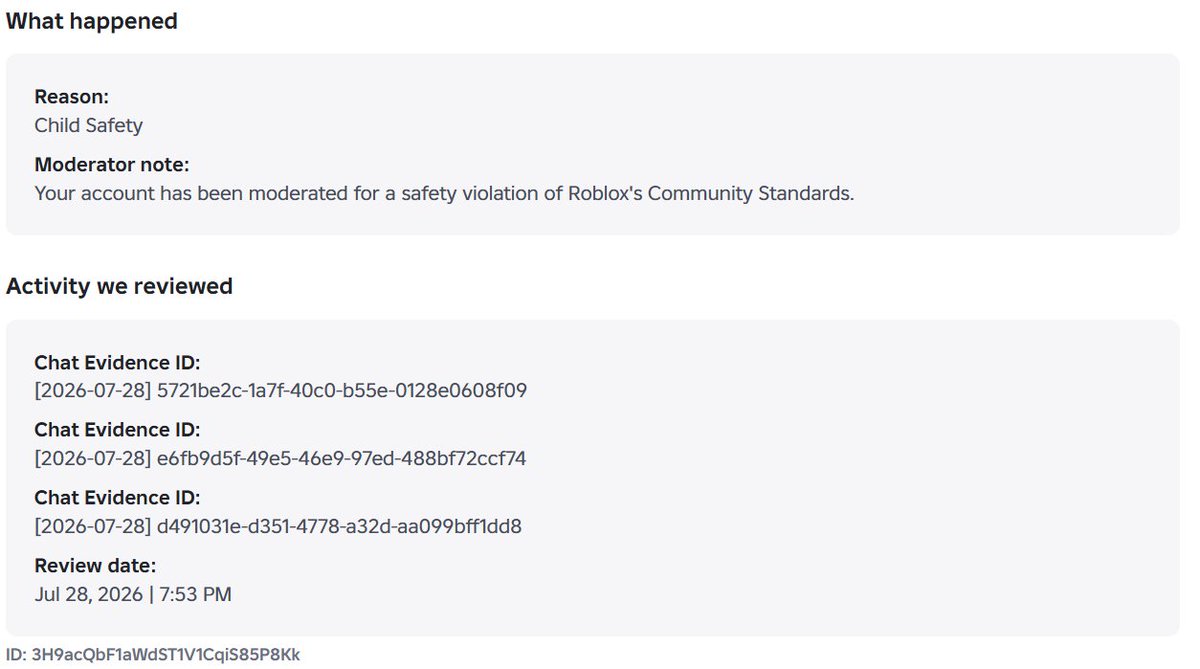 OnlyMochasAlt's tweet photo. Well new update guys! Roblox decided to change my ban reason out of no where when they don't even decide to help when I appeal! It started off as Harmful Content/Behavior and now it's Child Safety? What are we lying for? They won't give me the evidence. #Roblox @DavidBaszucki https://t.co/yHKaWEAEQJ