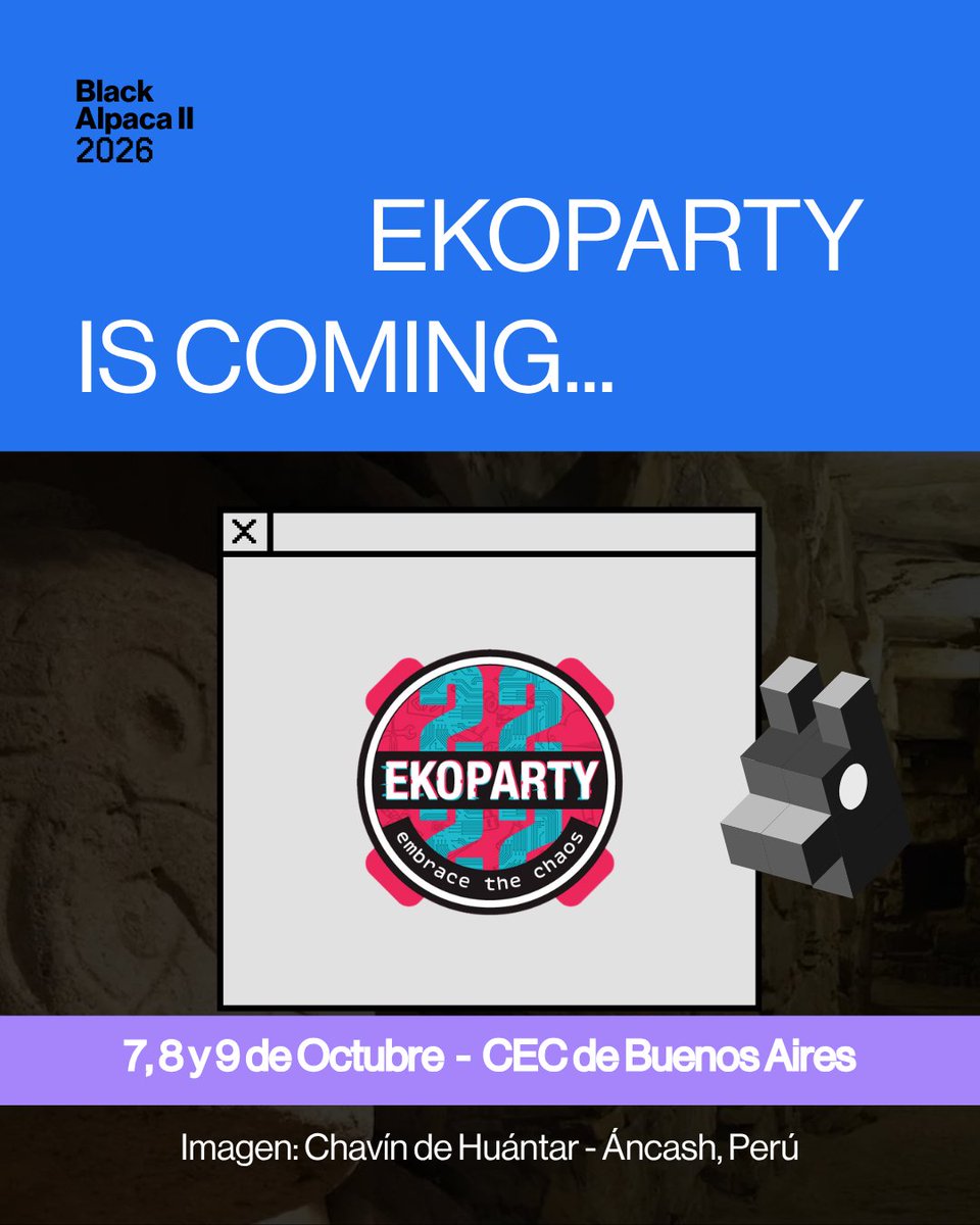 blackalpaca_org's tweet photo. 📣 @ekoparty  is coming..

Este 7, 8 y 9 de octubre, el CEC de Buenos Aires será el punto de encuentro de la comunidad de ciberseguridad.

Y sí… Black Alpaca Team estará presente con sorpresas bajo la lana. 🦙

Are you ready? 👀

¡Nos vemos en la Ekoparty! https://t.co/cJd0stcJIO