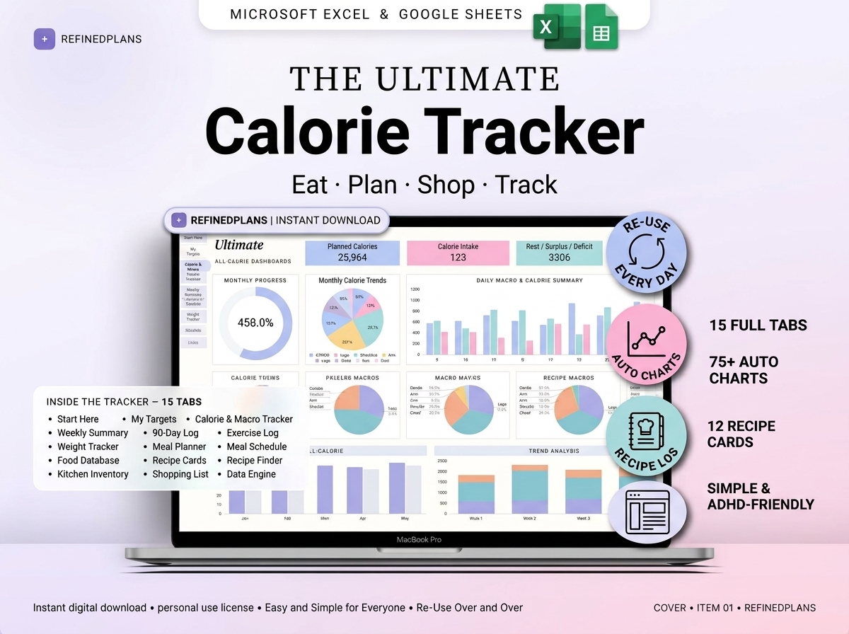 FormalAscent's tweet photo. 🥗 Ultimate Calorie Tracker 🥑✨
Eat, plan, shop, and track with ease! This simple, ADHD-friendly Google Sheets &amp; Excel template features meal planners, 12 recipe cards, kitchen inventory trackers, and 75+ auto charts across 15 full tabs.   

👉https://t.co/C2ZFaj43ap https://t.co/ZUAT5kFLdL