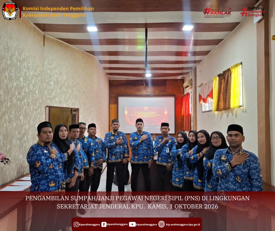 kip_agara's tweet photo. Hai #TemanPemilih
Komisi Independen Pemilihan (KIP) Kabupaten Aceh Tenggara mengikuti kegiatan Pengambilan Sumpah/Janji Pegawai Negeri Sipil di Lingkungan Sekretariat Jenderal KPU secara daring Kamis, 1 Oktober 2026. https://t.co/zdURT7QKZS