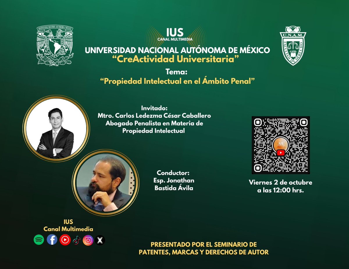 IUSCanalM's tweet photo. Copiar, falsificar o usar una creación sin autorización… ¿puede ser delito? 👀⚖️
En #CreActividadUniversitaria hablamos sobre propiedad intelectual, Derecho Penal y sus límites de protección.
📅 Viernes 2 | 12:00 h
🌐 https://t.co/1bKyLeZNzI
#PropiedadIntelectual #IUS https://t.co/gSKdETHjtx
