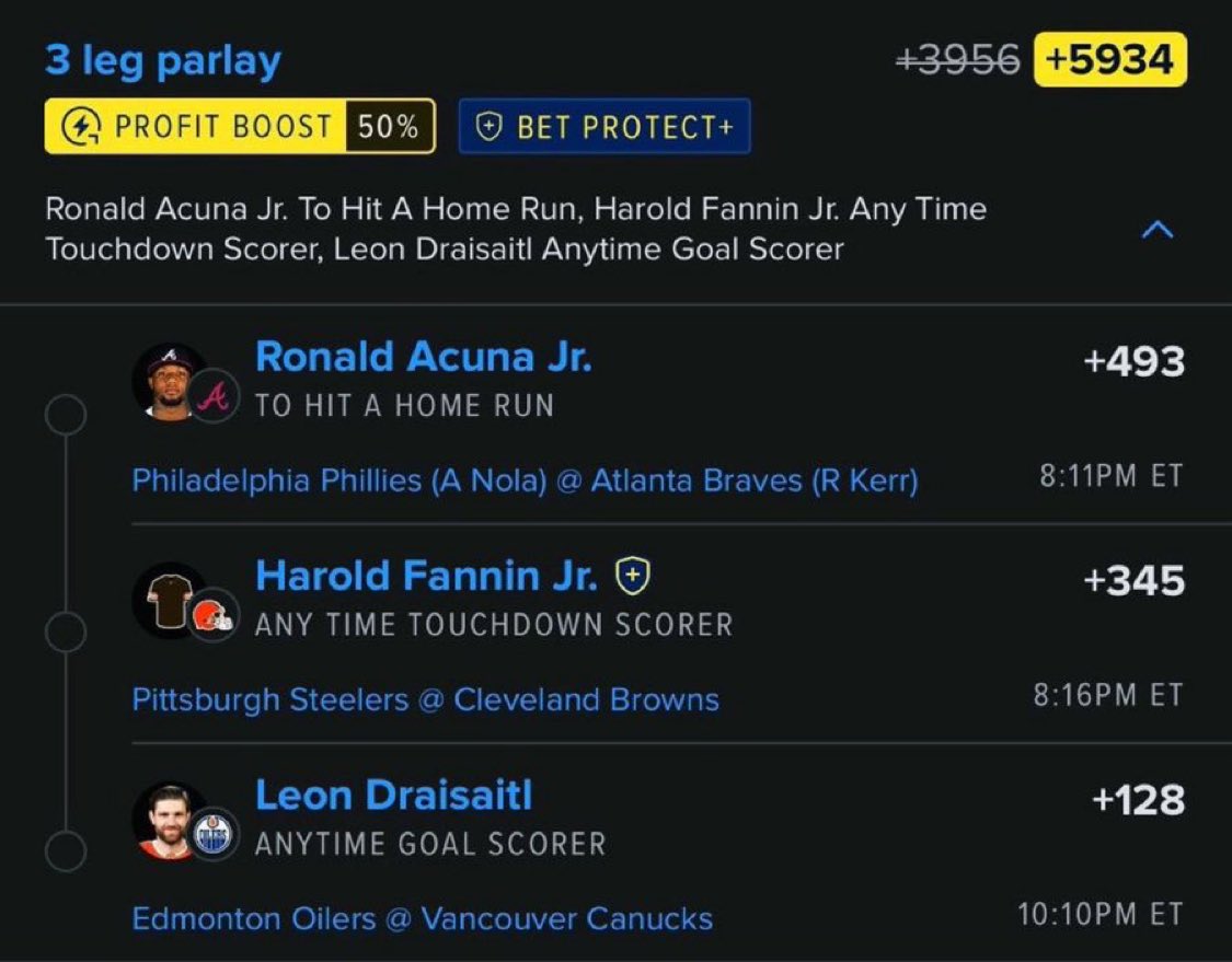 demiral28's tweet photo. 🔥 3-LEG PARLAY 🔥
💰 +5934 ODDS 💰
⚡ 50% PROFIT BOOST

⚾ Ronald Acuña Jr. — HR (+493)
🏈 Harold Fannin Jr. — Anytime TD (+345)
🏒 Leon Draisaitl — Anytime Goal (+128)

🎯 3 LEGS • +5934

#MLB #NFL #NHL #ParlayPicks #SportsBetting #BettingTwitter #HomeRun #AnytimeTD #NHLBets #MBWHYTESBET @Playbook