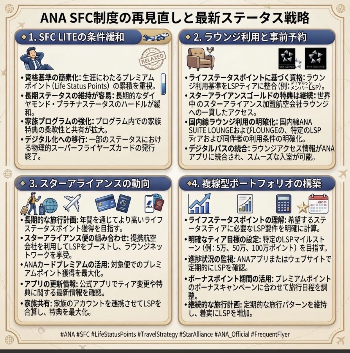 gk33984's tweet photo. ## ✈️ Today's Column: 【ニュース】激震が走ったANA・SFC制度の「再見直し」正式発表と、最新ステータス戦略の全貌

マイル修行界やトラベルインフルエンサーの間で今年最大の関心事となっているANAスーパーフライヤーズカード（SFC）の制度改定について、ANAホールディングスより**衝撃的な「再見直し（緩和案）」が正式発表**されました。

当初、年間決済額300万円未満の会員はラウンジ利用不可（SFC LITE）とされ、大きな波紋を呼びましたが、その後の利用者からの強い反響を受け、**「混雑時を除きANAラウンジは利用可能」**とする大逆転の修正が加えられました。今回は、この最新公式アナウンスメントをベースに、私たちが取るべき次世代のステータス防衛策を読み解きます。

---

📌 **1. 「SFC LITE」のラウンジ利用条件と事前予約ハック**
*   **国内線・国際線主要ラウンジの継続利用**：年間300万円未満の「SFC LITE」に該当した場合でも、国内線および羽田・成田・ホノルルの国際線ANAラウンジが（混雑時を除き）利用可能に。
*   **新設される「ラウンジ事前予約制度」の活用**：満席が常態化する夕方や繁忙期の混雑を回避するため、2027年度中の詳細発表に向けて準備されている「事前枠の確保」が今後のマストハブスキルに。
👉 **結論**：完全に締め出される最悪のシナリオは回避されたものの、国内線中心の運用と国際線での立ち回りを明確に分けるロジカルなスケジュール管理が必要不可欠。

---

📌 **2. 変わらなかった「スターアライアンス・シルバー降格」の現実**
*   **海外他社利用時のベネフィット縮小**：国内線や自社便のサービスが多く残る一方、スターアライアンス加盟航空会社（ユナイテッド、ルフトハンザ等）を利用する際のステータスは「シルバー」に移行する方針が維持。
*   **グローバルなアライアンス利用の再設計**：海外でのプライオリティチェックインや他社ラウンジアクセスを重視するトラベラーにとっては、年間300万円の決済要件をクリアして「SFC PLUS」を死守する価値が極めて高い。
👉 **結論**：国内メインのマイラーと、世界中のスタアラ網を飛び回るグローバルマイラーで、SFCの価値評価が完全に二極化する時代へ。

---

📌 **3. プレッシャー高まる決済動線と「複線型」ポートフォリオの構築**
*   **家族カード・ANA Pay合算スキームの最適化**：SFC PLUS（年間300万円以上）を効率よくクリアするため、固定費の集約や日常の決済ルートを徹底的に洗練させるプロの技。
*   **JALや外資プログラムとのハイブリッド防衛**：JALのステータス基準変更や長期的なLSP（Life Status Program）戦略など、1社の動向に依存しないリスクヘッジ型のトラベルライフ設計。
👉 **結論**：航空会社のポリシー変更に振り回されるのではなく、自身のライフスタイルに合わせたスマートなポートフォリオを構築するべし。

---

💡 **まとめ**
大きな転換期を迎えたANA・SFCの新制度。最新の緩和内容を正しくハックし、変化を楽しみながら最高峰のステータスフルな空の旅をコンプリートしていきましょう✨

#マイル修行 #SFC修行 #ANA #ステータス戦略 #トラベルハック #JGC修行