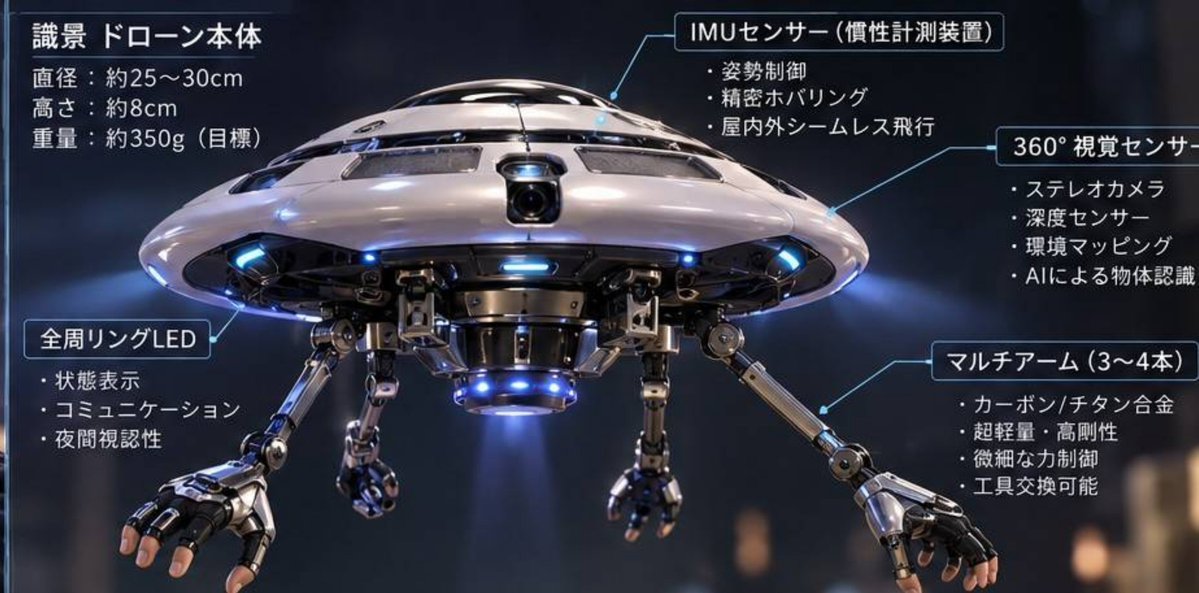 Kyouyu_official's tweet photo. 株式会社響尤CEOが、AI搭載用機体「識景（SHIKKEI）」初号機構想を発表しました。
本体（別途公表）から分離・独立飛行するAIエージェント搭載モジュールにOFG型IMUセンシングハンドを実装。

#EmbodiedAI #EmbodiedIntelligence #HumanRobotInteraction #HRI #RobotLearning #IMU #Robotics #SHIKKEI https://t.co/G1NHbtBG5z