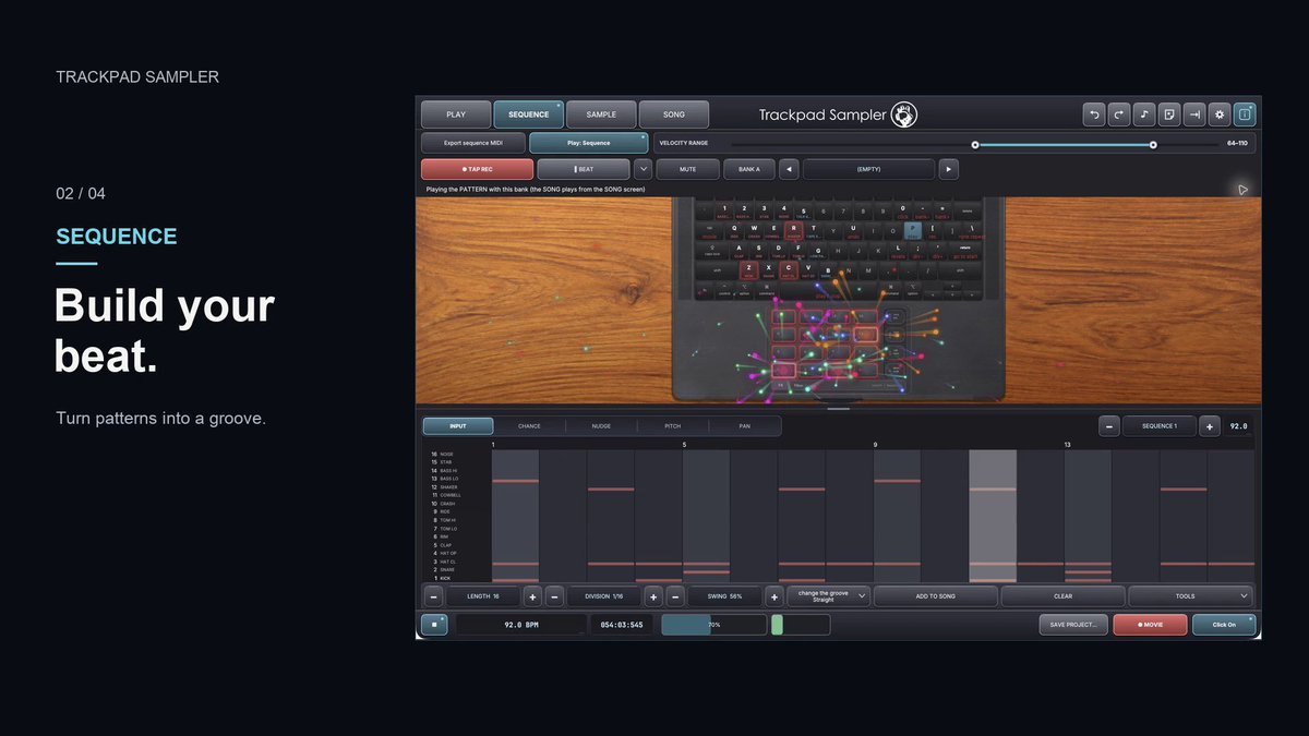 kn_re_jp's tweet photo. Turn your MacBook Pro multitouch trackpad into a macOS music production instrument.

Trackpad Sampler turns your MacBook trackpad or Magic Trackpad into a 16-pad sampler and drum machine with a groovebox-style beatmaking workflow. If you know the 4×4 pad layout of an AKAI MPC, try finger drumming directly on the trackpad.

PLAY: trigger samples with multitouch or keyboard controls and perform drum beats.
SEQUENCE: build drum patterns and loops with adjustable length, division and swing.
SAMPLE: record or import audio, trim waveforms, chop samples, change pitch and map sounds to pads.
SONG: arrange patterns and audio across 12 tracks, record vocals or instruments, mix and export.

For beat makers, track makers, DTMers and music producers creating hip-hop, lo-fi, techno, house and electronic music. Chop samples, sketch a rhythm or build a track alongside your DAW. Make music on the go or while relaxing in bed—just you and your MacBook.

Trackpad Sampler is available on the Mac App Store. See our pinned post for details.