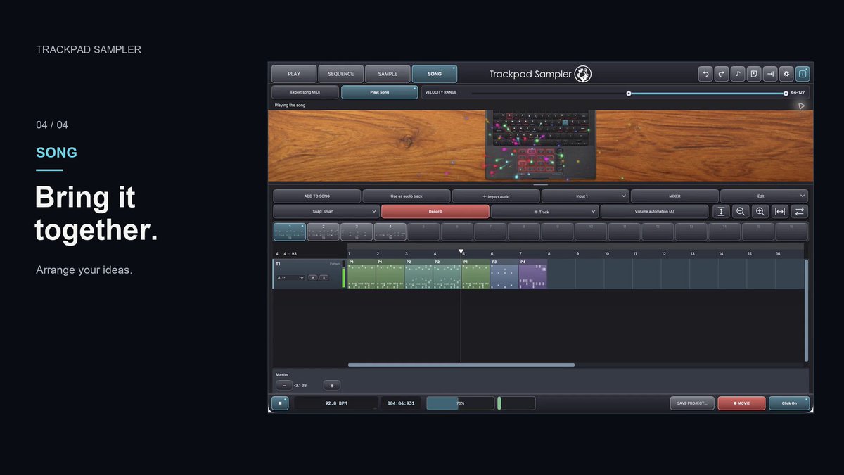 kn_re_jp's tweet photo. Turn your MacBook Pro multitouch trackpad into a macOS music production instrument.

Trackpad Sampler turns your MacBook trackpad or Magic Trackpad into a 16-pad sampler and drum machine with a groovebox-style beatmaking workflow. If you know the 4×4 pad layout of an AKAI MPC, try finger drumming directly on the trackpad.

PLAY: trigger samples with multitouch or keyboard controls and perform drum beats.
SEQUENCE: build drum patterns and loops with adjustable length, division and swing.
SAMPLE: record or import audio, trim waveforms, chop samples, change pitch and map sounds to pads.
SONG: arrange patterns and audio across 12 tracks, record vocals or instruments, mix and export.

For beat makers, track makers, DTMers and music producers creating hip-hop, lo-fi, techno, house and electronic music. Chop samples, sketch a rhythm or build a track alongside your DAW. Make music on the go or while relaxing in bed—just you and your MacBook.

Trackpad Sampler is available on the Mac App Store. See our pinned post for details.