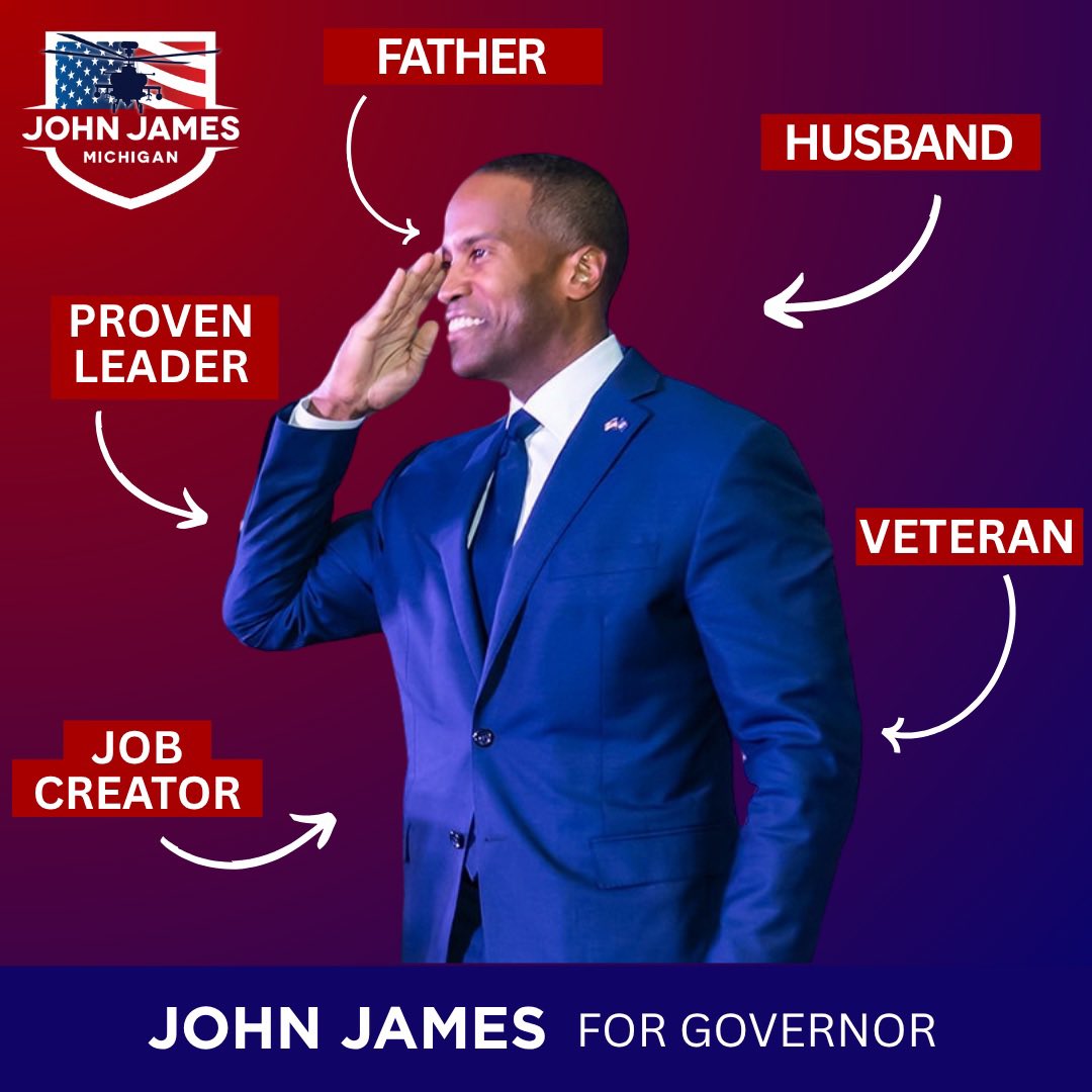 JohnJamesMI's tweet photo. I’ve led in combat. I’ve built a business. I’m a husband, a father, and a proud veteran.

Now I’m running for Governor with one mission: put Michigan families first and get our state moving forward again.

33 DAYS UNTIL ELECTION DAY, LET’S GO MICHIGAN! 🇺🇸 https://t.co/CXkdhIgseg