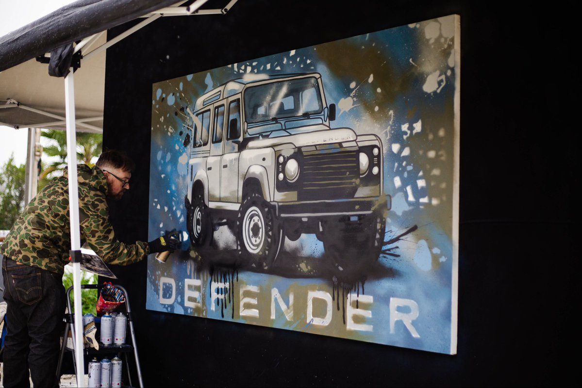 Graffiti_USA's tweet photo. Rain and mud? Bring it. We painted a live canvas for Jaguar Land Rover at Destination Defender in Temecula, mixing spray, brush, and marker over two days. Even the mud made it into the drips. #MuralArt #LiveArt #LandRoverDefender https://t.co/EnN369X26F