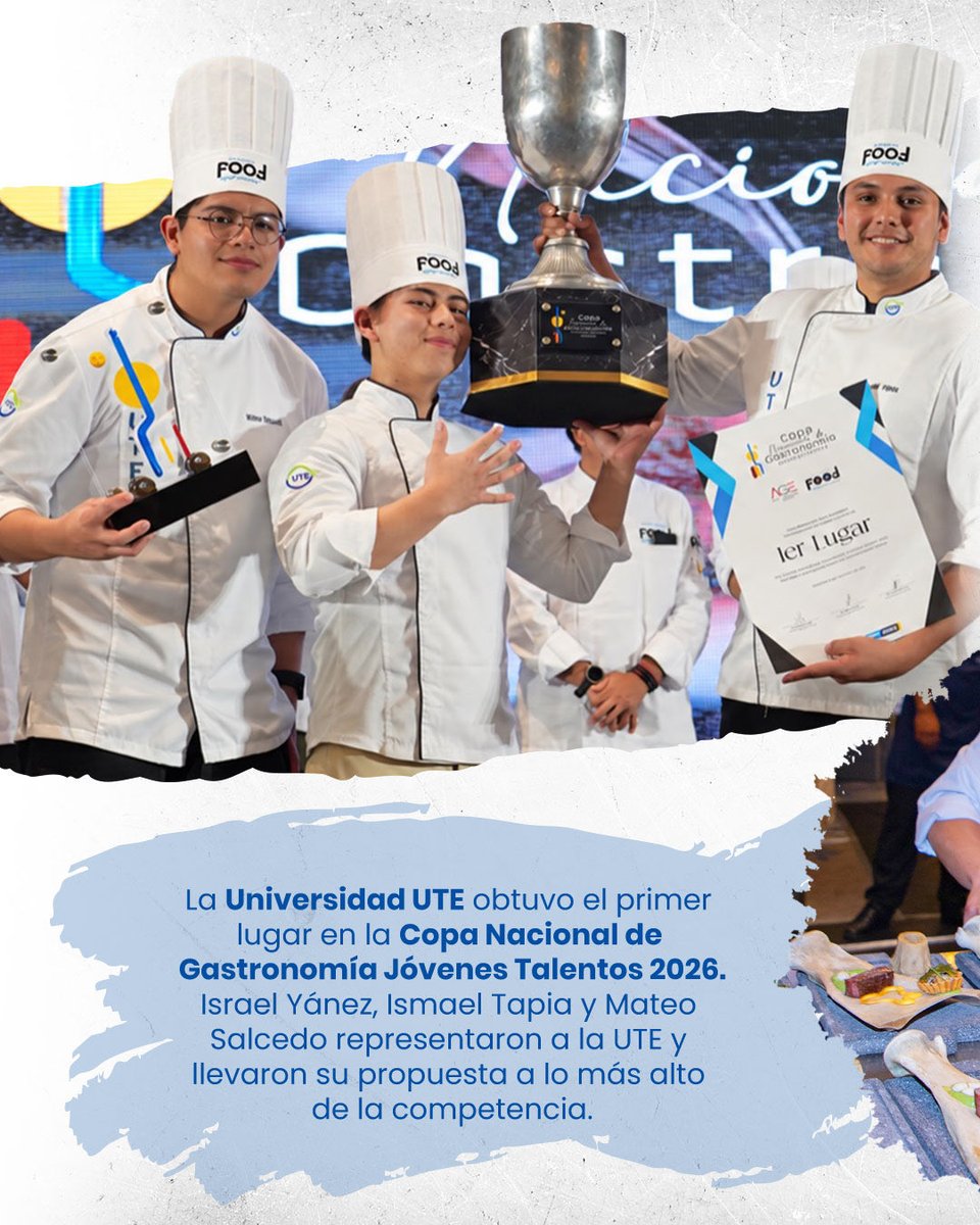 UTEoficial's tweet photo. Israel Yánez, Ismael Tapia y Mateo Salcedo llevaron a la Copa Nacional de Gastronomía Jóvenes Talentos 2026 una idea clara: contar al Ecuador desde sus sabores. 🇪🇨🍽️

La competencia, desarrollada en el marco de Guayaquil Food Show 2026, reunió a jóvenes talentos de la gastronomía en un espacio que puso a prueba su técnica, creatividad y capacidad para representar la identidad culinaria del país.

Con Cocina de Paisaje, el equipo de la Universidad UTE creó una experiencia inspirada en la Costa, los Andes y la Amazonía, a partir de productos locales, técnicas y memorias que reflejan la diversidad del territorio.

La investigación y el trabajo detrás de cada preparación los llevaron a alcanzar el primer lugar. 🏆

Un logro que demuestra cómo la identidad ecuatoriana también puede contarse, transformarse y proyectarse desde la gastronomía.

#UniversidadUTE #GastronomíaUTE #TalentoUTE #LoVivoLoDemuestro