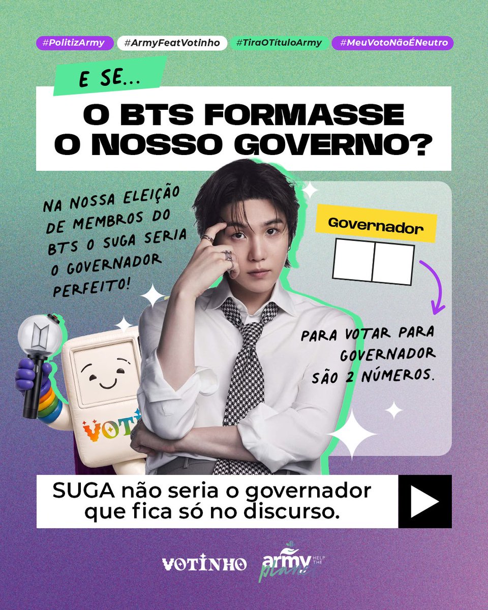 ARMY_HTP's tweet photo. Se tem alguém no BTS que sabe transformar ideias em alguma coisa concreta, esse alguém é o SUGA.

Produtor, compositor e dono de uma língua tecnológica afiada para as questões sociais, políticas e econômicas, Yoon-gi não costuma passar pelos problemas sem pensar sobre eles.

Arrasta para descobrir.

#ArmyNasUrnas #TiraOTítuloArmy #PolitizArmy #MeuVotoNãoÉNeutro #ArmyFeatVotinho

Quer acompanhar tudo de perto? Siga @army_htp e @/votinhooficial

*O Votinho é independente e não possui fins político-partidários; O projeto Votinho é uma iniciativa de caráter estritamente educativo e cultural, sem qualquer vínculo com partidos políticos ou candidatos; Todos os direitos reservados ao IPC.