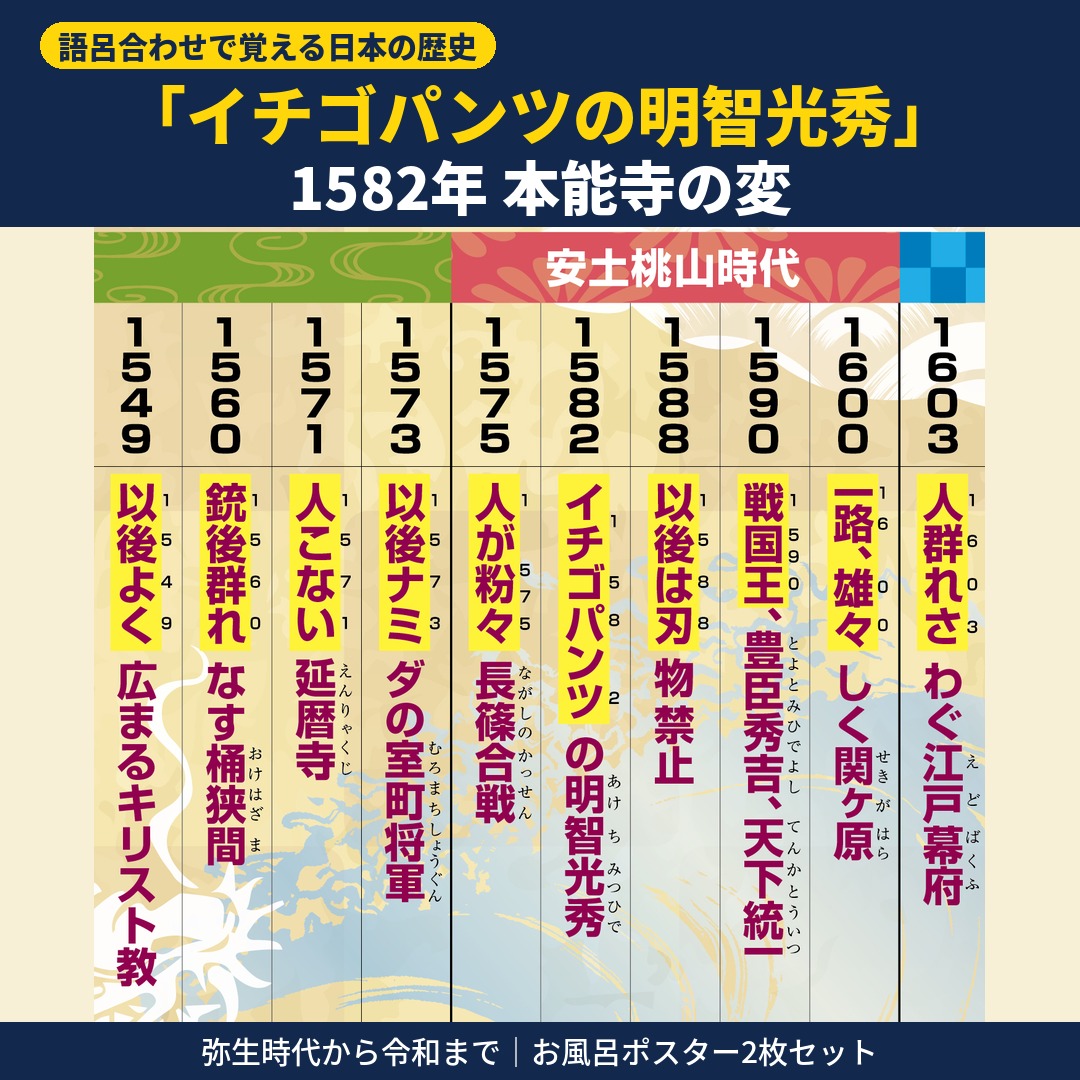 kidsbathposter's tweet photo. 1582年 本能寺の変は「イチゴパンツの明智光秀」。1603年は「人群れさわぐ江戸幕府」。一度読んだら忘れにくい語呂合わせで、日本史の年号を覚えるお風呂ポスター2枚セット。弥生時代から令和まで。