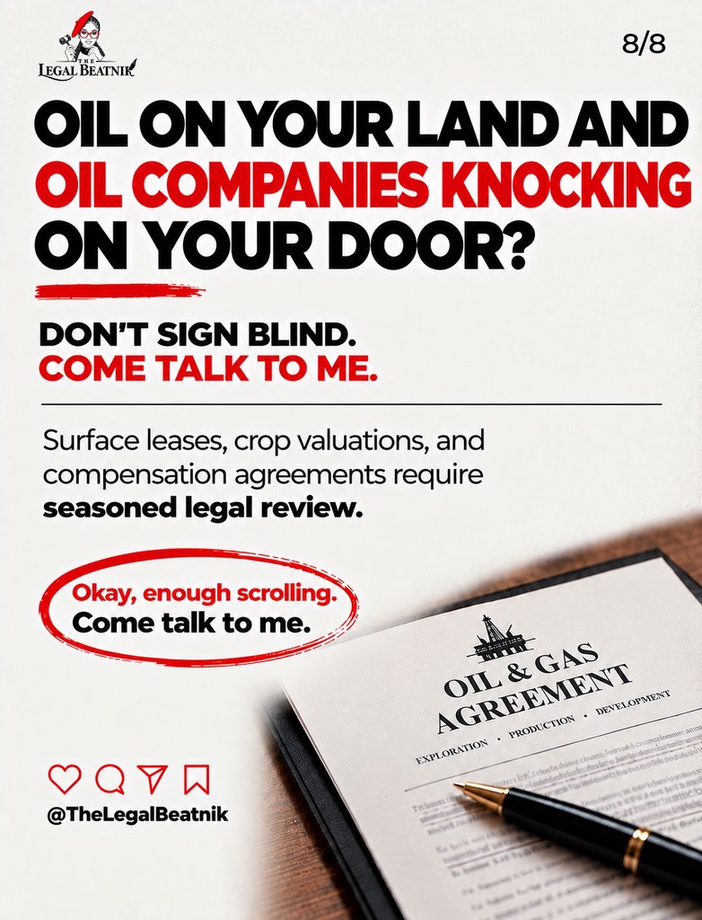 BeatnikandJil's tweet photo. Access, compensation, surface rights, crops, structures, environmental liabilities and restoration obligations can all become part of the conversation and what you sign matters.
The excitement of an offer should never rush you into an agreement you do not fully understand. https://t.co/2tiWUsrI3q