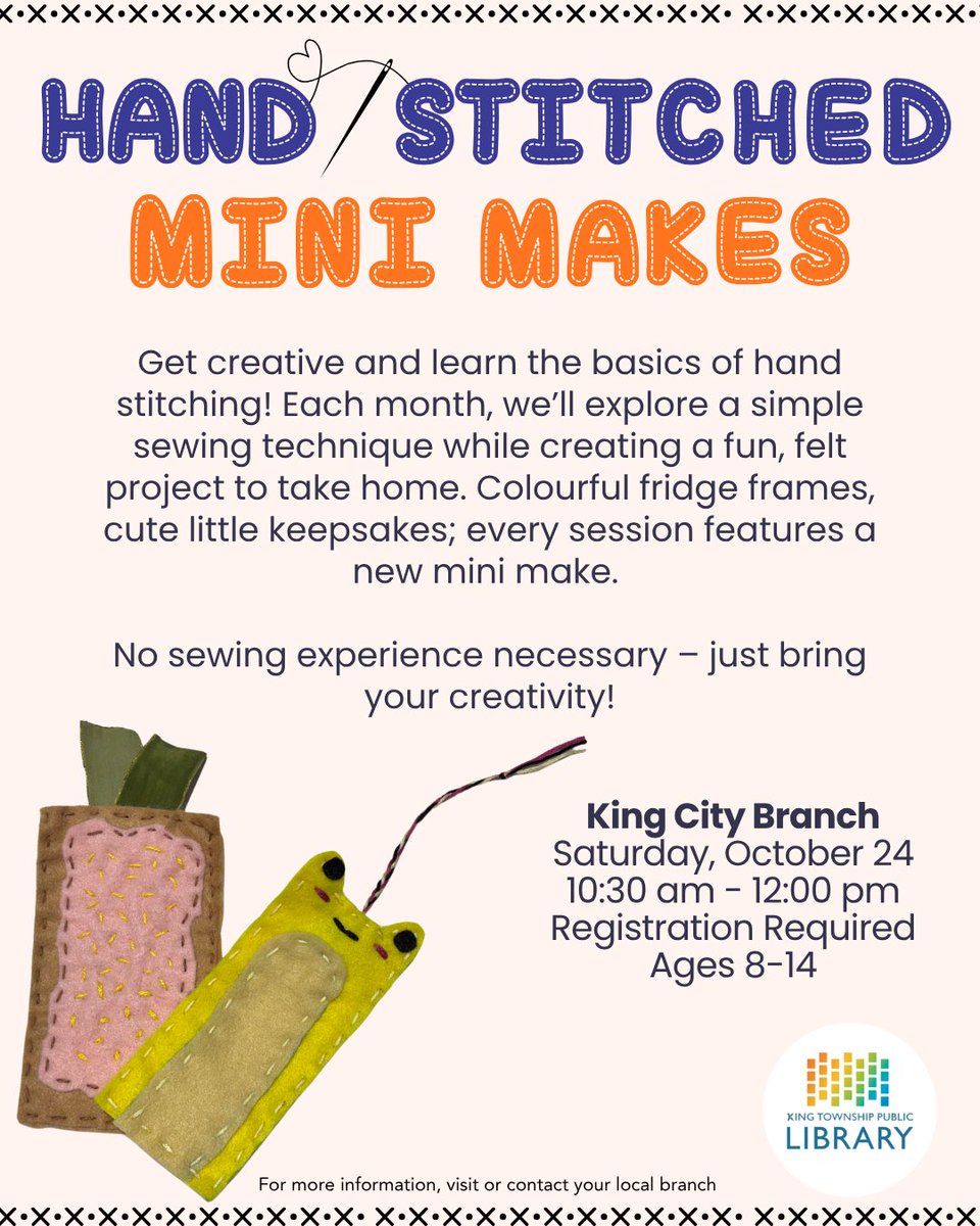 KingLibraries's tweet photo. 🧵✨ Get creative with Hand-Stitched Mini Makes!

No sewing experience needed, just bring your creativity! 🎨

#DIYProjects #KingLibraries #KingTownship https://t.co/bgOLJUonyR