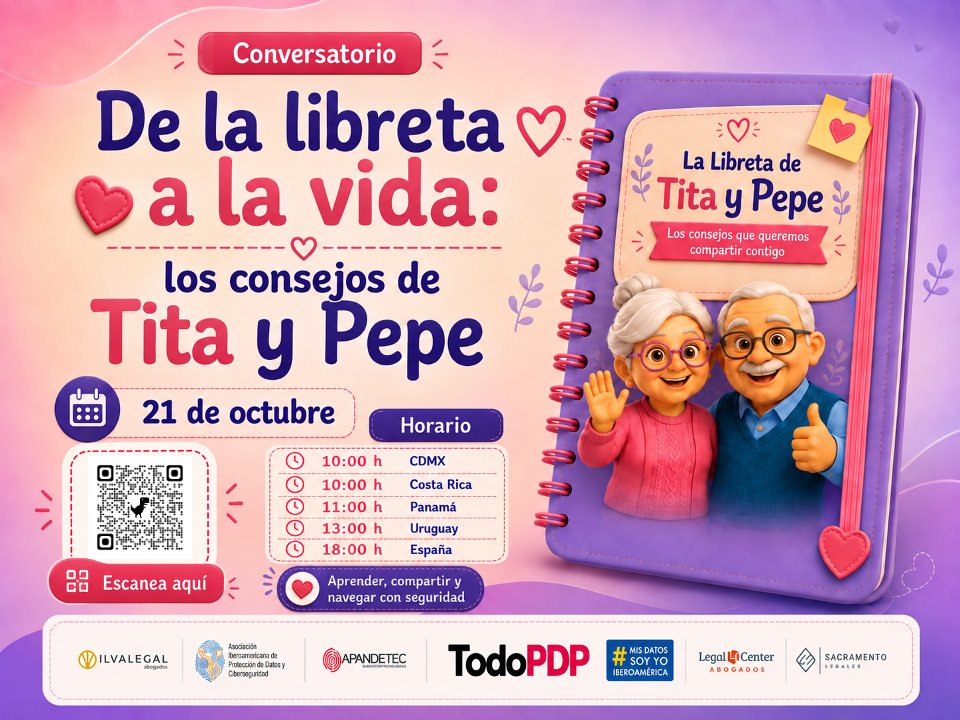 TodoPDP's tweet photo. 👵🏻👴🏻💜 De la libreta a la vida: los consejos de Tita y Pepe
📅 21 de octubre
🕙 10 h CDMX y Costa Rica
Un conversatorio para compartir recomendaciones sencillas sobre protección de datos y seguridad digital para personas adultas mayores.
#DiaInternacionalPersonasDeEdad https://t.co/8W7gaSm1zq