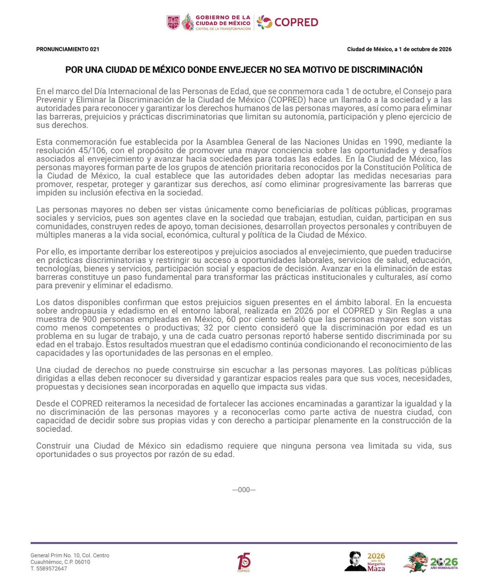COPRED_CDMX's tweet photo. #Pronunciamiento | En el Día Internacional de las Personas de Edad, el COPRED llama a garantizar sus derechos y a eliminar barreras, prejuicios y prácticas discriminatorias que limitan su autonomía y participación.

👉 https://t.co/9xa8fUnc3b https://t.co/va8ZrHF26r
