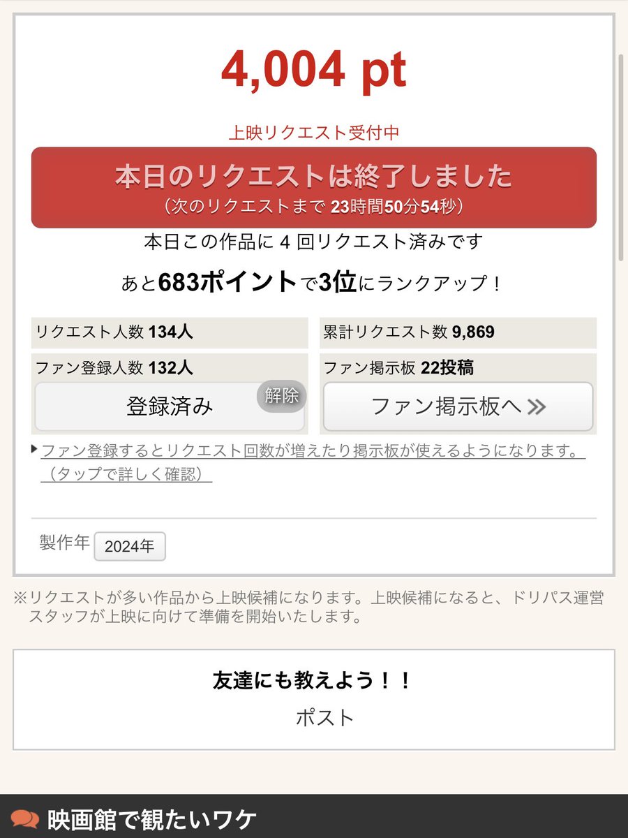 syo_chan0084's tweet photo. 『#還ら去る君へ』を映画館で🎞️#ドリパス チャレンジ🗳️10/2（木）8時10分現在、4位を死守➡️✊

今のところもの凄い勢いで上がってくる作品は確認できず！上位3作品が上映候補入りで抜ける月曜朝まで着実にptを積み上げておきたいところ！引き続きの毎日ポチポチ🗳️そして新たな応援📣よろしくお願いします🙇‍♀️

「No Image」で奮闘中の『還ら去る君へ』‼️目指せ再上映‼️
#還ら去る君へを劇場で
#還ら去る君へ応援団
https://t.co/UzEK8dmd9F
