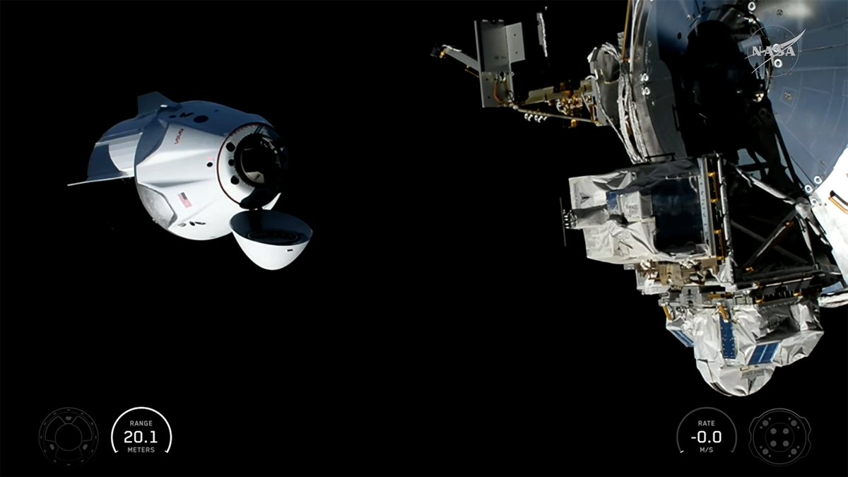 Space_Station's tweet photo. The @SpaceX Dragon docked to the station at 7:05 p.m. EDT today bringing four Crew-13 members to their new home in space for the next several months. More... https://t.co/c77Q3uhrpx https://t.co/eo2jURfq17