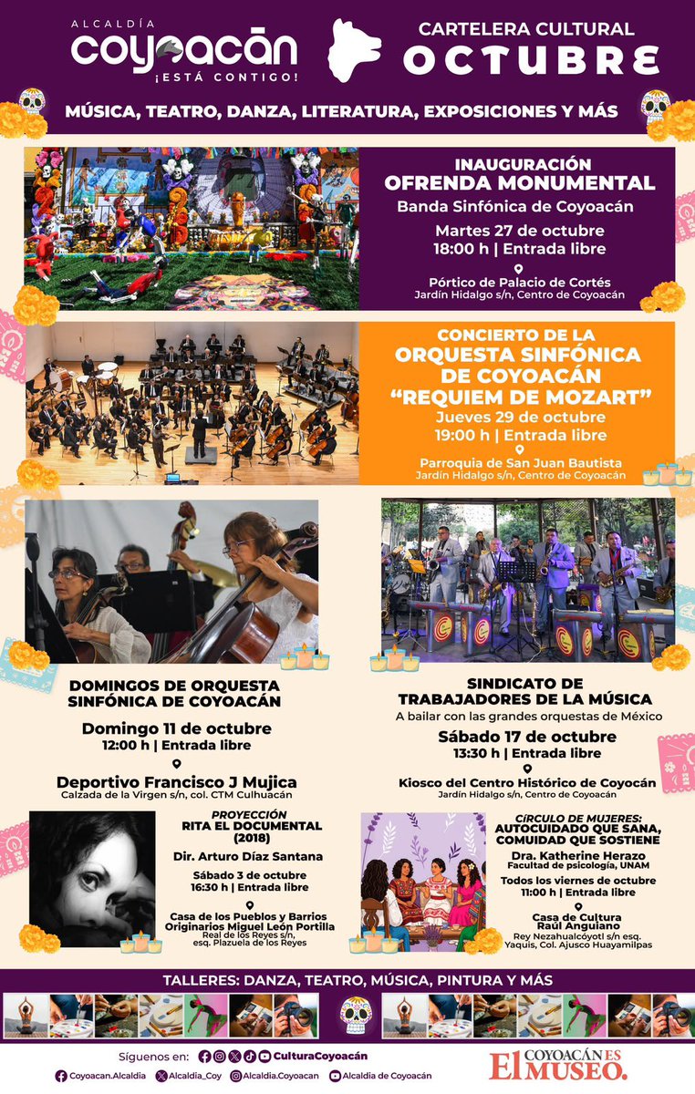 Alcaldia_Coy's tweet photo. ✨ #Coyoacán enciende su magia con una cartelera cultural #imparable.
Música, talleres, ofrendas, cine documental y danza para hacer de octubre un mes inolvidable.
📍 Arma tu itinerario y vive la cultura aquí en el epicentro cultural de 🇲🇽.
🟦 🟥 #CoyoacánEsLaSede 🟨 https://t.co/txjXtDAad6