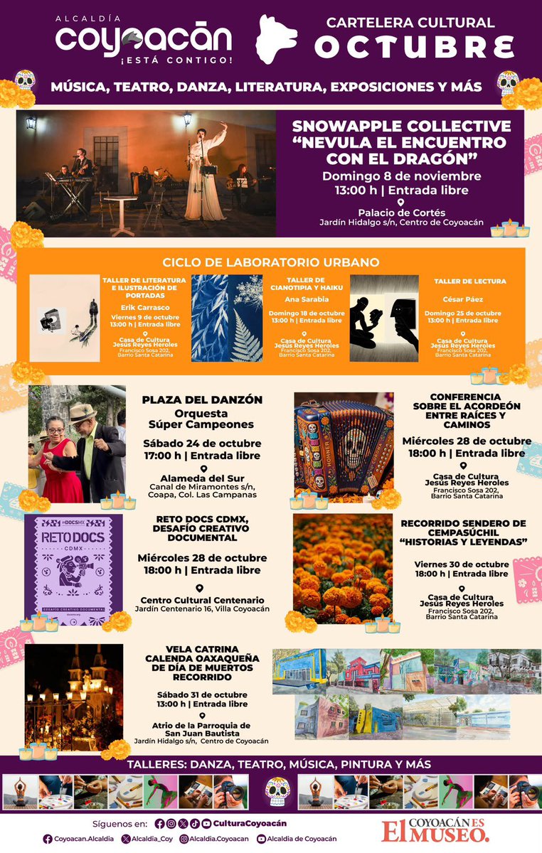 Alcaldia_Coy's tweet photo. ✨ #Coyoacán enciende su magia con una cartelera cultural #imparable.
Música, talleres, ofrendas, cine documental y danza para hacer de octubre un mes inolvidable.
📍 Arma tu itinerario y vive la cultura aquí en el epicentro cultural de 🇲🇽.
🟦 🟥 #CoyoacánEsLaSede 🟨 https://t.co/txjXtDAad6