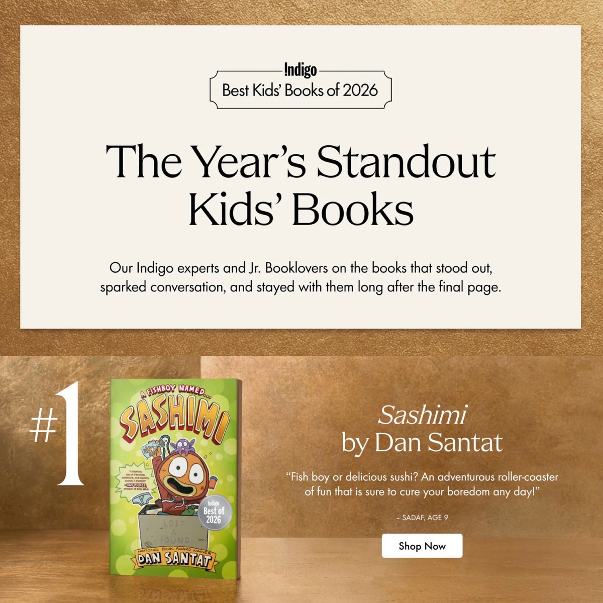 dsantat's tweet photo. It’s a tremendous honor to announce that SASHIMI is the #1 Best Kids Book of 2026 by Indigo Bookstores in Canada! The Canadians just get it!

Last year’s #1 Indigo book? DON’T TRUST FISH so this amazing honor goes to yours truly for a second consecutive year in a row ❤️🇨🇦 https://t.co/TG7MOZsYZb