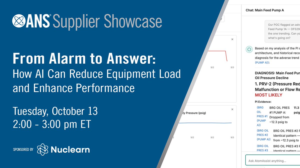 ANS_org's tweet photo. Join @ANS_org for our next edition of our Supplier Showcase series featuring Nuclearn on Tuesday, October 13, at 2 pm ET. Nuclearn's Lorenzo Slay will lead an educational discussion on where AI fits in equipment monitoring and provide a hands-on walkthrough of Equipment AI. #NuclearEnergy Register now: https://t.co/dUrQ9KvXsv