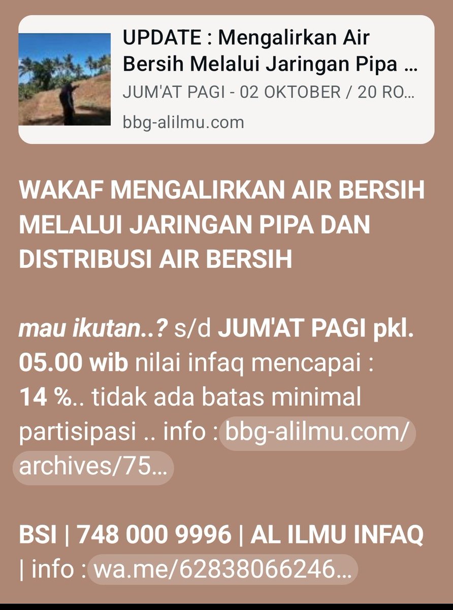 bbg_alilmu's tweet photo. ➡️ wakaf bangun masjid..? alhamdulillah banyak kesempatan

➡️ wakaf gali sumur..? cukup banyak juga kesempatan

➡️ wakaf mengalirkan air dari mata air/sungai..? waini yang masih belum banyak

mau ikutan wakaf 4 Km (4,000 meter) jaringan pipa air..?

klik
https://t.co/qhsmKQxjId https://t.co/BRqdWxKEUS