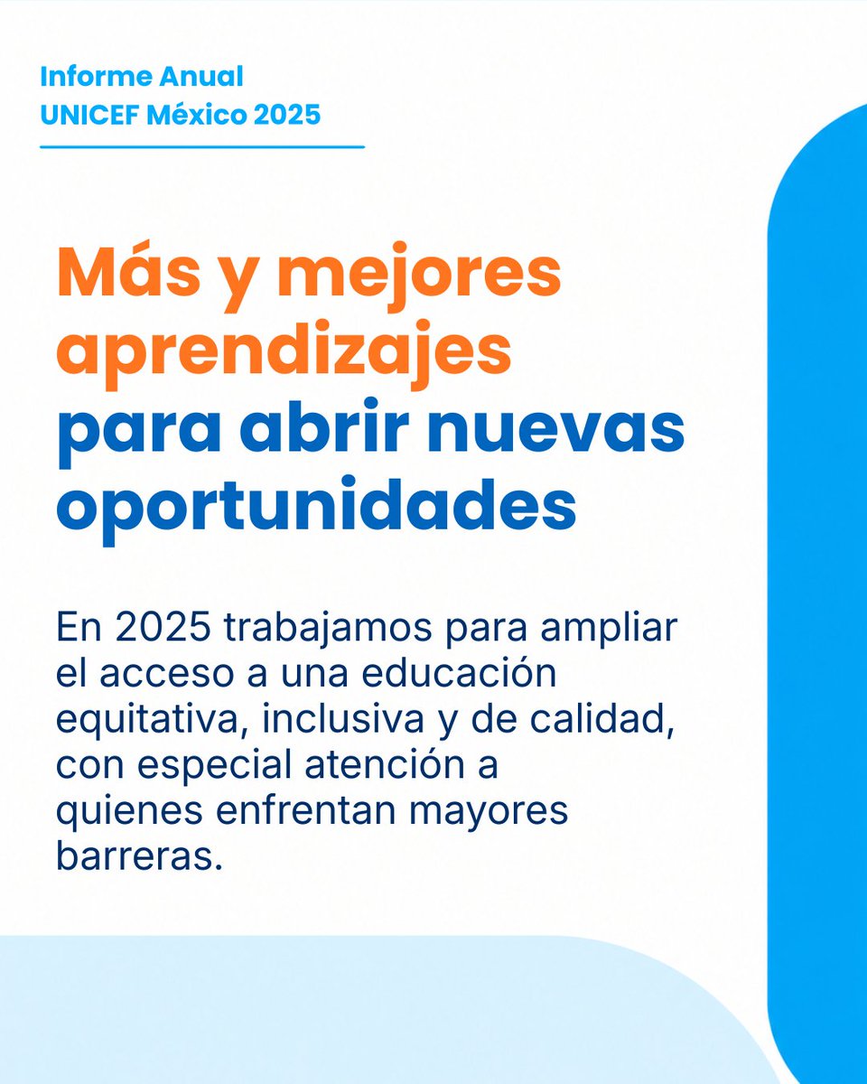UNICEFMexico's tweet photo. Cada oportunidad para aprender, abre nuevas posibilidades para la niñez y la adolescencia.
En 2025 trabajamos para fortalecer el aprendizaje, promover la inclusión y ampliar el acceso a oportunidades educativas

Conoce más https://t.co/oeHmGSCLtY https://t.co/F9XEXsZdQA
