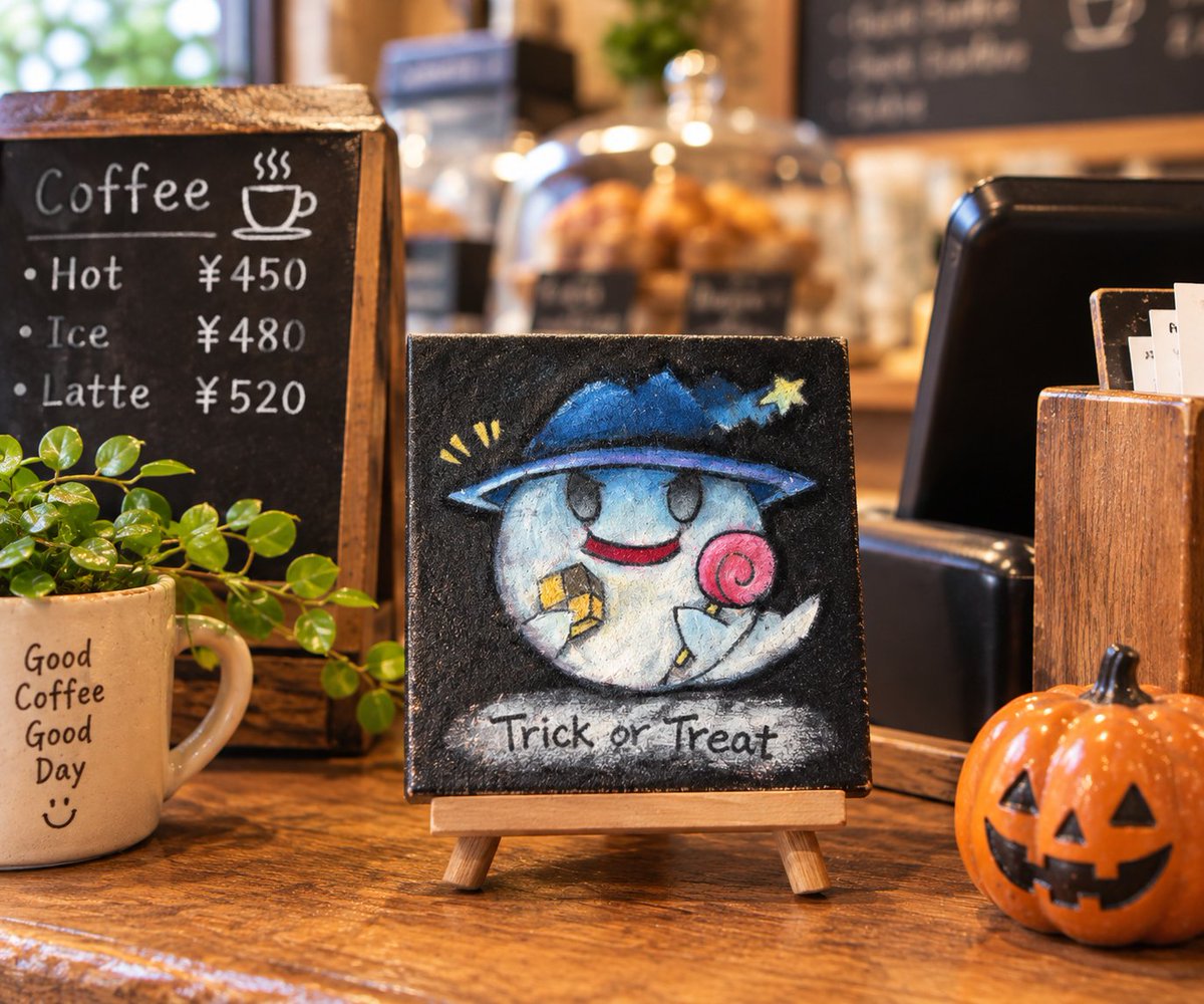 ArtHalu's tweet photo. おはようございます。
もうすぐハロウィンですね！

今回はこんなの描いてみました！

Kei Little Artというはるあーと作品を販売するお店を立ち上げました。

お店のレジ横などにちょこんと飾れる10cm角のアートを販売しております。

SHOPはリンク先から↓
https://t.co/8coUfe6X9g

#ハロウィン https://t.co/MycGbkawIu