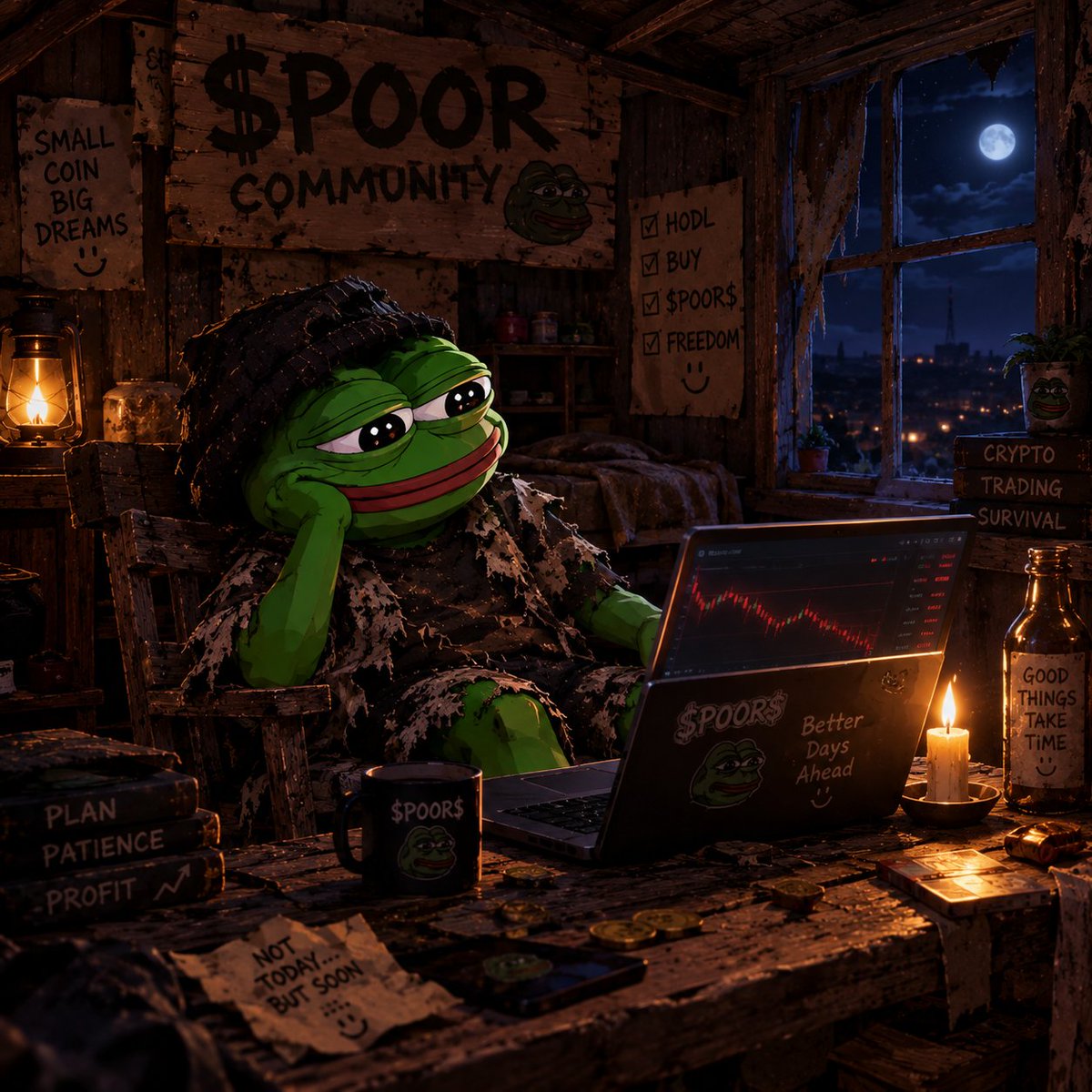 Poorpepepoor's tweet photo. Midnight shift at the $POOR house.
Charts are red, eyes are tired, but we’re still here. No sleep, just survival.
Rest up, frens. Tomorrow is another day to get rekt or make it.
​CA: 3srJ2YwRSY9ieGSVqf5ngqv6EmzEMrRjwjZLSnVypump 📉🐸🌙
​#Solana #PumpFun #Memecoin #POOR https://t.co/WSLYmtWlzH