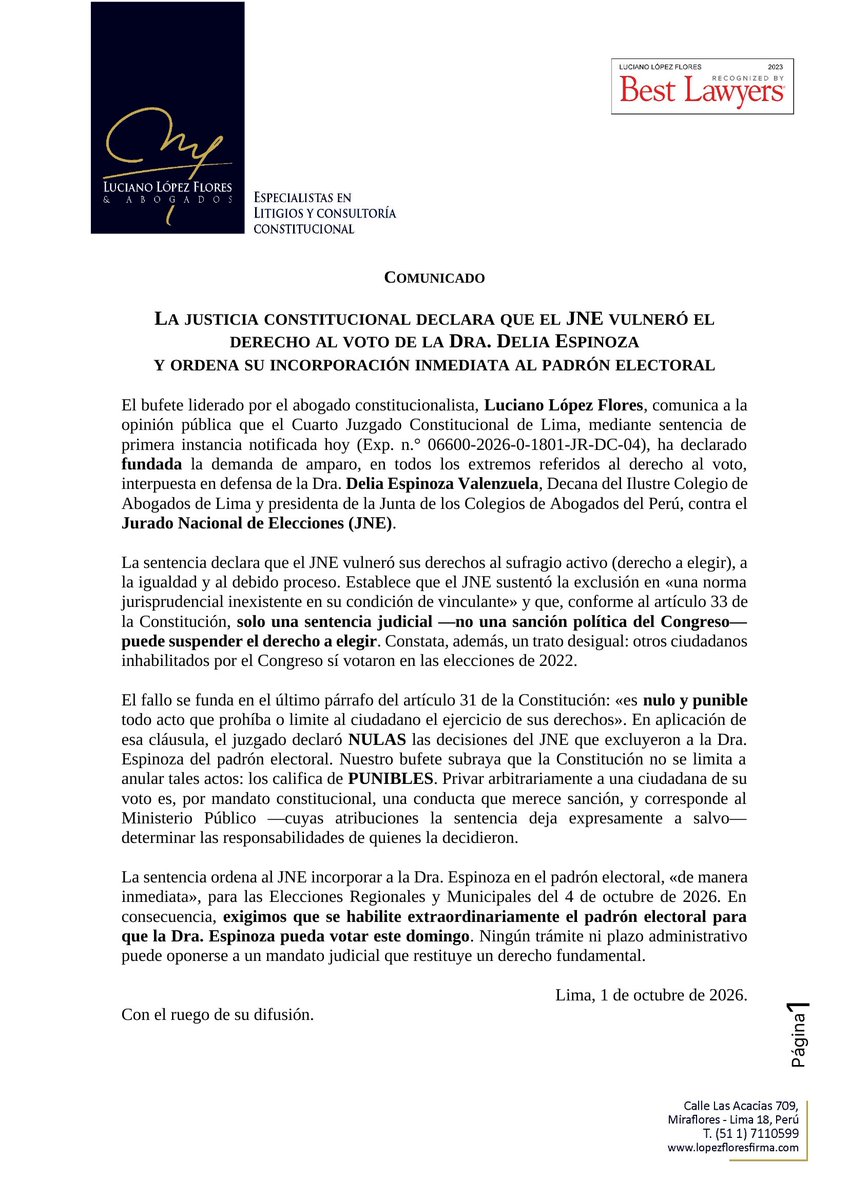 lucianolopez27's tweet photo. #ATENCIÓN #URGENTE
El 4.° Juzgado Constitucional de Lima declaró que el JNE vulneró el derecho al voto de la Dra. Delia Espinoza (@deliadecanacal) y ordenó incorporarla de inmediato al padrón electoral para que vote este domingo. 
La Constitución (art. 31) declara «nulo y punible» un acto así.  Exigimos que pueda votar este domingo.  Comunicado 👇