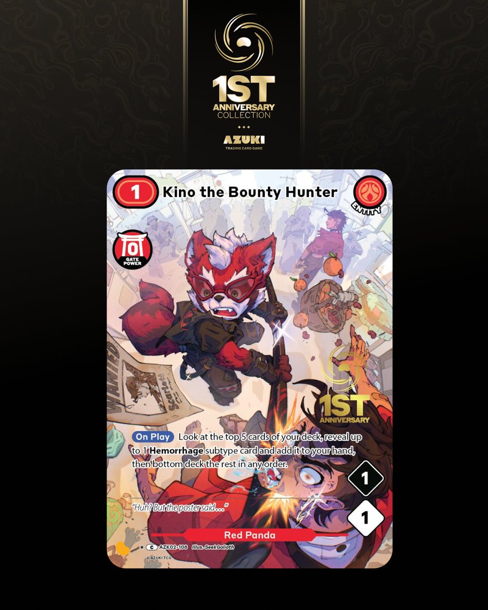 Azuki's tweet photo. Azuki community artist @seekgoliath brings Kino the Bounty Hunter to life 🔥

This exclusive alt art card is part of the Azuki TCG 1st Anniversary Collection. https://t.co/k2tCTIb2jd