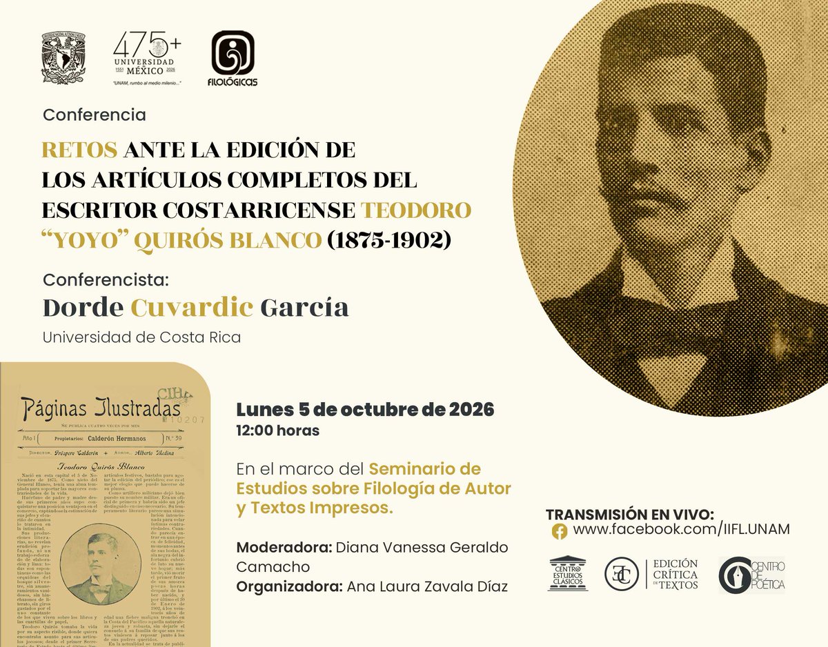 IIFL_UNAM's tweet photo. Conéctate mañana a la transmisión de la conferencia Retos ante la edición de los artículos completos del escritor costarricense Teodoro "Yoyo" Quirós Blanco (1875-1902)

⌚ 12 horas
🗣️ Conferencista: Dorde Cuvardie García
🖥 Transmisión en vivo a través de #FacebookLive https://t.co/HZ5v2RHPiY