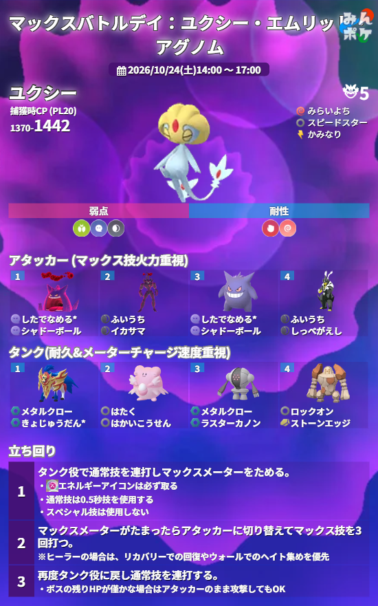 pokemongo_db's tweet photo. 【マックスバトルデイ：ユクシー・エムリット・アグノム】
⚡開催期間
10/24(土)14:00〜17:00

✅DMAXのユクシー、エムリット、アグノムがそれぞれ対象地域で登場
✅MP関連の各種ボーナス
✅特別な交換がイベント期間中3回可能
✅リモート上限が20回
など

 https://t.co/t00NSpzmdJ #ポケモンGO https://t.co/slBLkN93R6