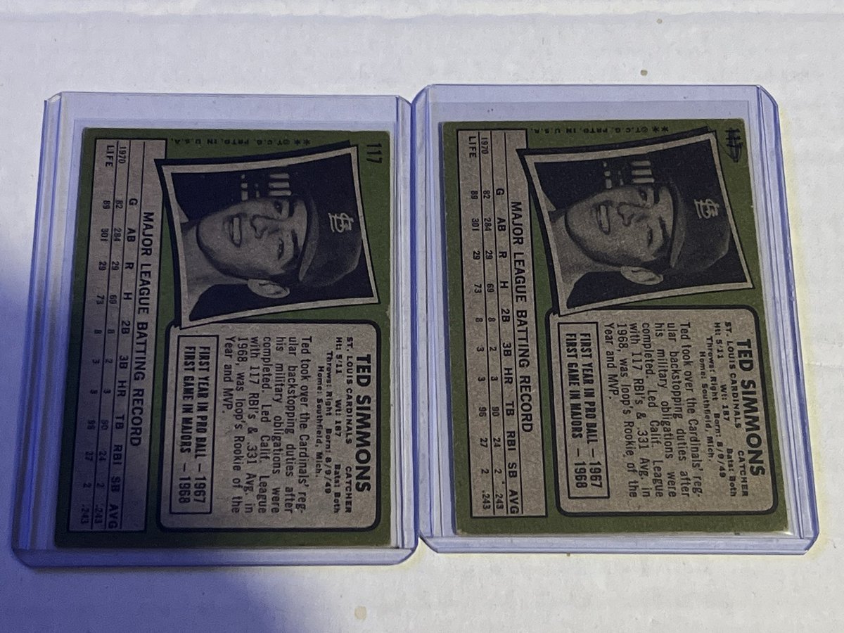 SignedCards's tweet photo. $20 shipped 1971 Topps Ted Simmons rookie lot. NOTE card on right has pen mark on the back https://t.co/pEMjjUrftX