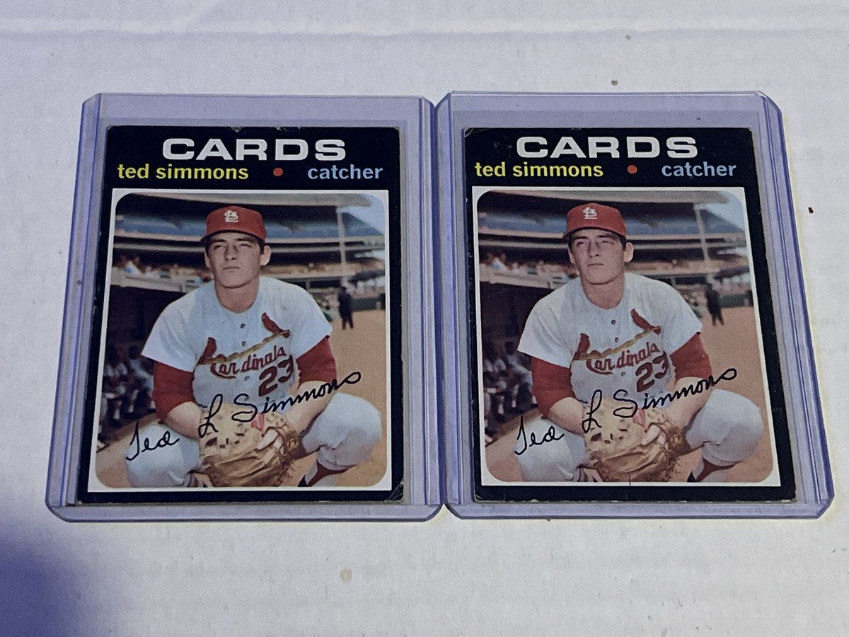 SignedCards's tweet photo. $20 shipped 1971 Topps Ted Simmons rookie lot. NOTE card on right has pen mark on the back https://t.co/pEMjjUrftX