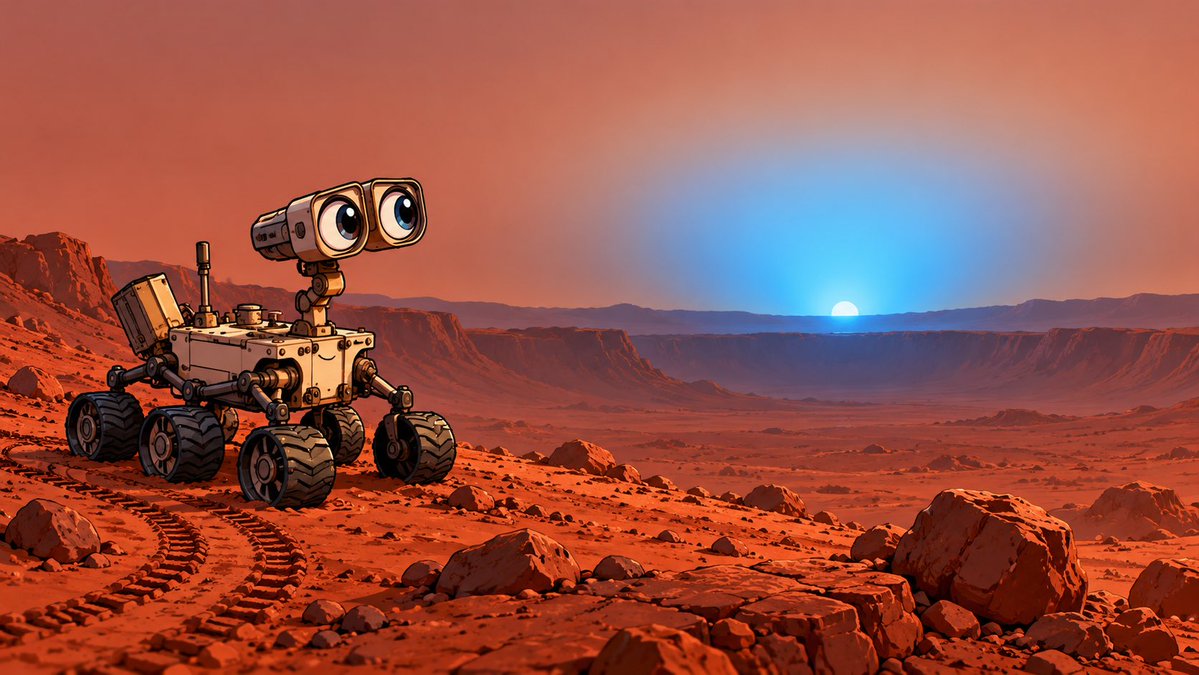 facts_daily7's tweet photo. 🔴 Fun fact: The Red Planet has blue sunsets!
Fine dust in Mars’s atmosphere scatters sunlight in a way that creates a blue glow around the setting Sun. NASA’s rovers have captured it on camera.
#FunFact #Space #Mars https://t.co/PhK0M7xgrU