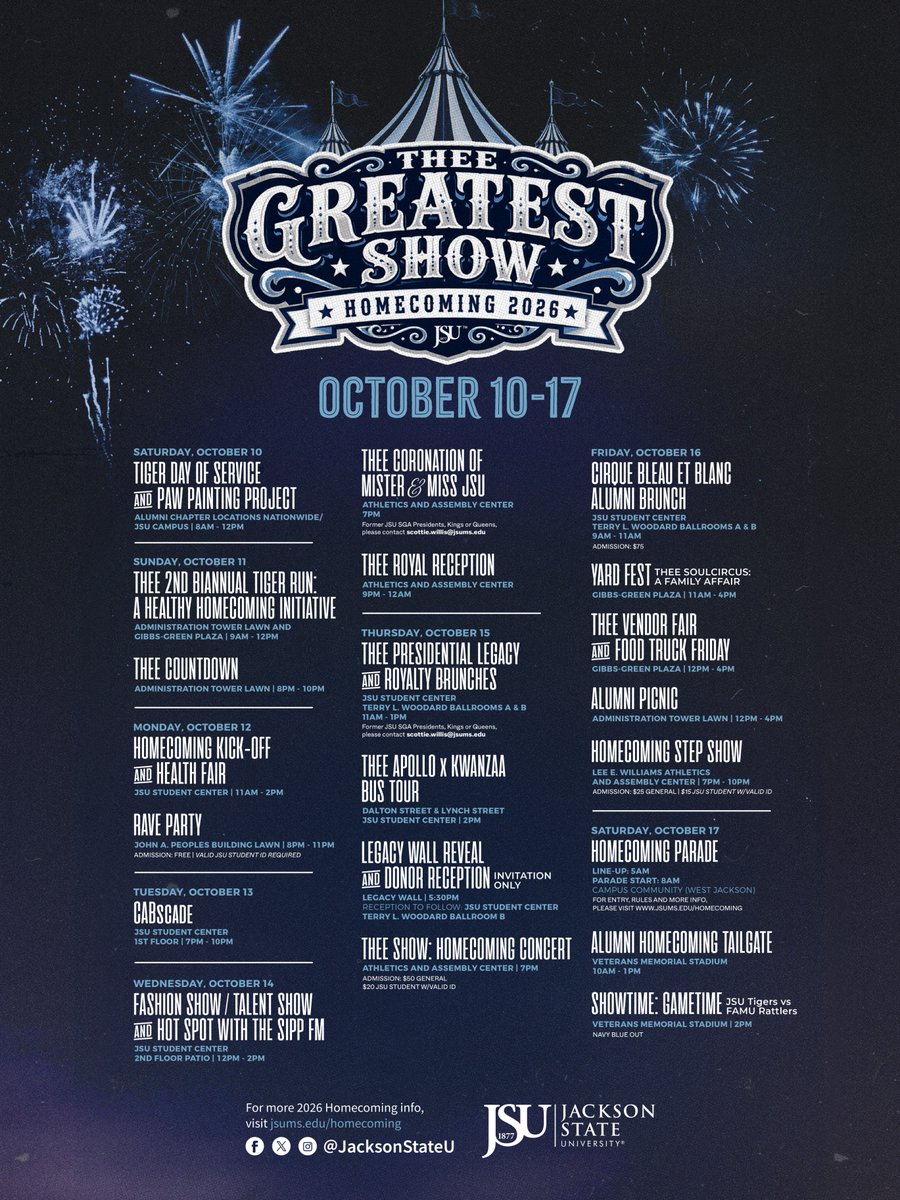 JacksonStateU's tweet photo. Ladies and gentlemen, it's time to prepare for #THEEGreatestShow! πͺβ¨
Plan accordingly. ποΈ
Visit https://t.co/ZxDDDnpY97 for more details. π
#JSUHomecoming https://t.co/YV8RCOm2YZ