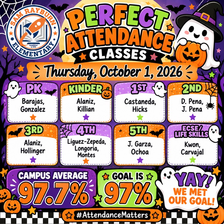 Rockets120's tweet photo. 🎃👻 Spook-tacular attendance, Rockets! 🚀 Today, Rayburn reached 97.7% attendance, beating our 97% goal! 🧡💜 Thank you, Rockets, for showing up and making every school day count! ⭐ #AttendanceMatters https://t.co/b6URCU0eOy