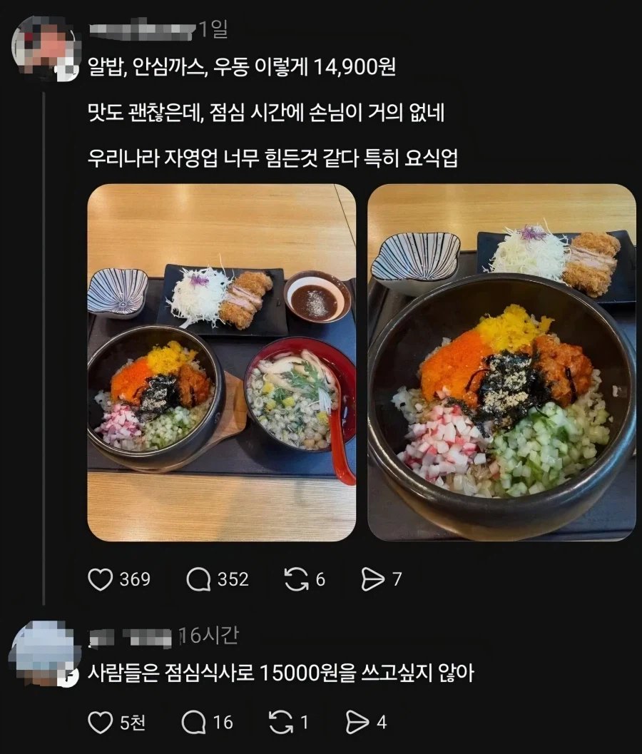 onepickbear's tweet photo. "점심 15,000원 세트가 왜 안 팔리는지 모르겠대요"

어떤 가게 점심 메뉴가 온라인에서 한참 얘기됐더라구요.

돈가스에 우동, 계란 올린 밥까지 한 상에 나오는 세트였구요.

가격은 15,000원, 양도 넉넉한 편이었대요.
그런데 이게 왜 안 팔리는지 모르겠다는 글이었어요.

댓글은

점심 심리적 마지노선은 아직 만원이고
12,000원을 넘으면 손이 안 간다

회사 점심 식대가 12,000원 선에서 끊긴다

차라리 양을 줄이고 9,900원에서 11,000원 사이로 내려라

등등

점심 한 끼, 15,000원 푸짐한 세트 vs 9,000원 적당한 한 그릇?