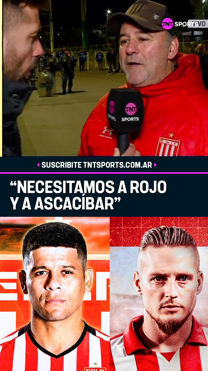 A TNT Sports live clip features an interview with a man in a red jacket, with the Spanish headline '"NECESITAMOS A ROJO Y A ASCACÍBAR"' and photos of two soccer players below.