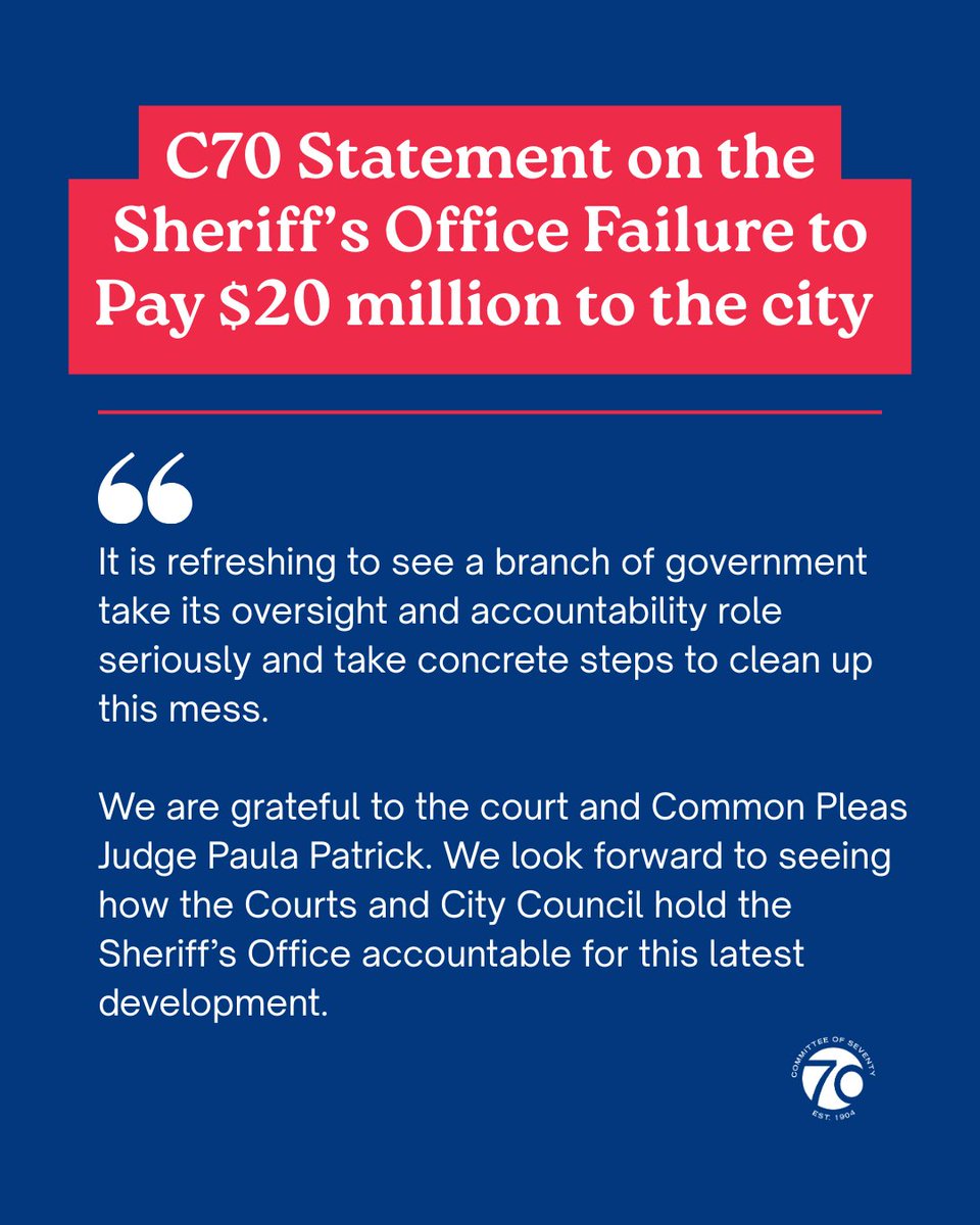 Committeeof70's tweet photo. The Sheriff’s Office’s continued failures are completely unacceptable.  

We are grateful to the court and Common Pleas Judge Paula Patrick. We look forward to seeing how the Courts and City Council hold the Sheriff’s Office accountable for this latest development. https://t.co/F1pJAJBB5L