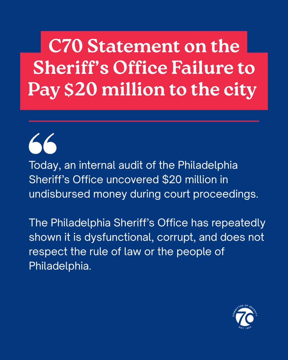 Committeeof70's tweet photo. The Sheriff’s Office’s continued failures are completely unacceptable.  

We are grateful to the court and Common Pleas Judge Paula Patrick. We look forward to seeing how the Courts and City Council hold the Sheriff’s Office accountable for this latest development. https://t.co/F1pJAJBB5L