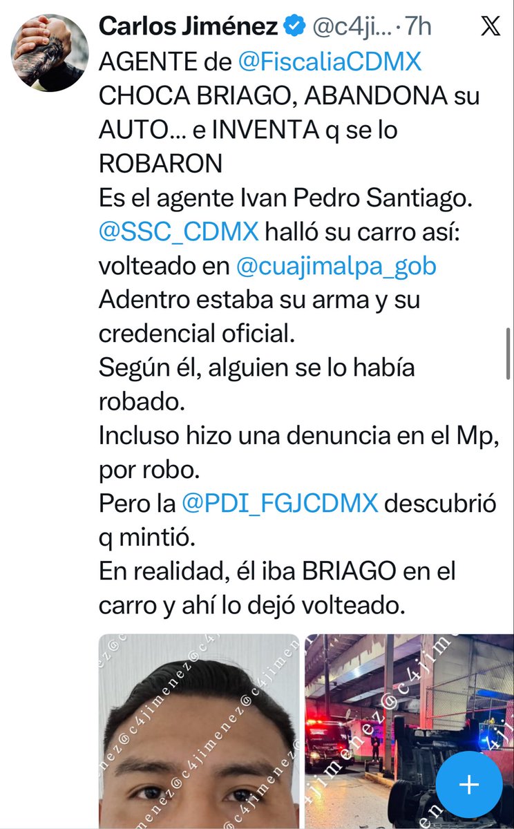 c4jimenez's tweet photo. NO ES SU PRIMERA BRIAGA PROBLEMÁTICA
Es el agente de @FiscaliaCDMX Iván Pedro Santiago 
Hace meses descubrieron q andaba BRIAGO soltando balazos con su hermano -también agente- en @GobNeza 
Al hermano lo detuvo @seguridadneza y así lo boletinó.
Él se les escapó.
Como no pudieron fincarle nada, solo fue cambiado de adscripción.
No aprendió: ahora chocó su auto y luego inventó q se lo habían robado.
@PDI_FGJCDMX lo descubrió.

El caso #C4EnAlerta