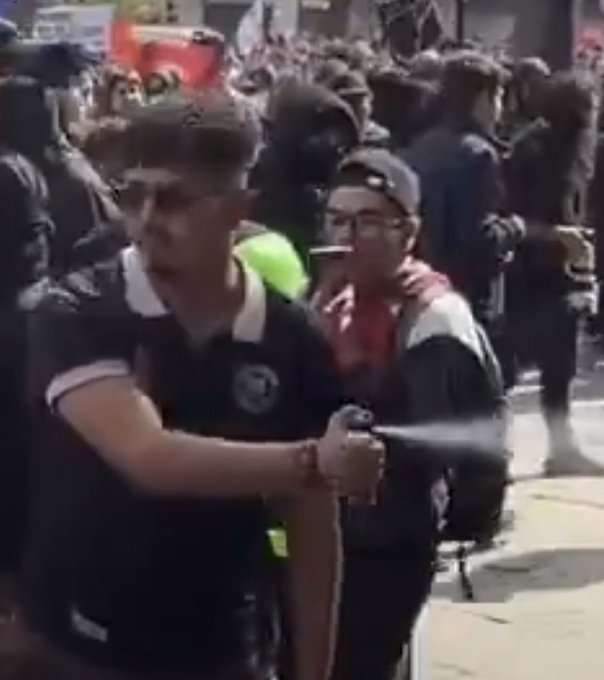GusandesGus's tweet photo. este violentista zurdo le tiro gas pimienta a mujeres jovenes indefensas, idela que lo identifiquen y lo metan a la carcel y tambien incluirlo en el registro de vandalos. https://t.co/w96VE8LNvx