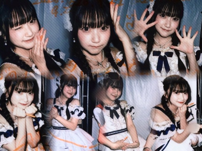 A collage of multiple portrait photos shows a young woman in a white and navy frilly dress posing with her hands up.